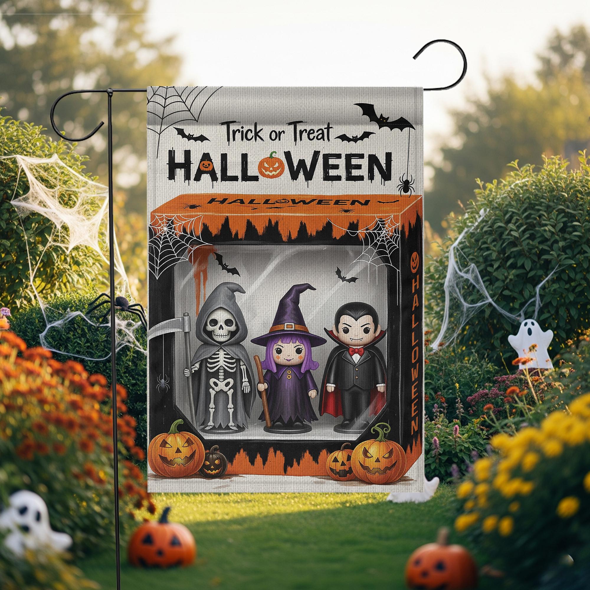Trick or Treat Halloween Garden Flag, Spooky Yard Decor, Skeleton Witch Vampire Sign, Outdoor Fall Decoration, Festive Welcome Flag