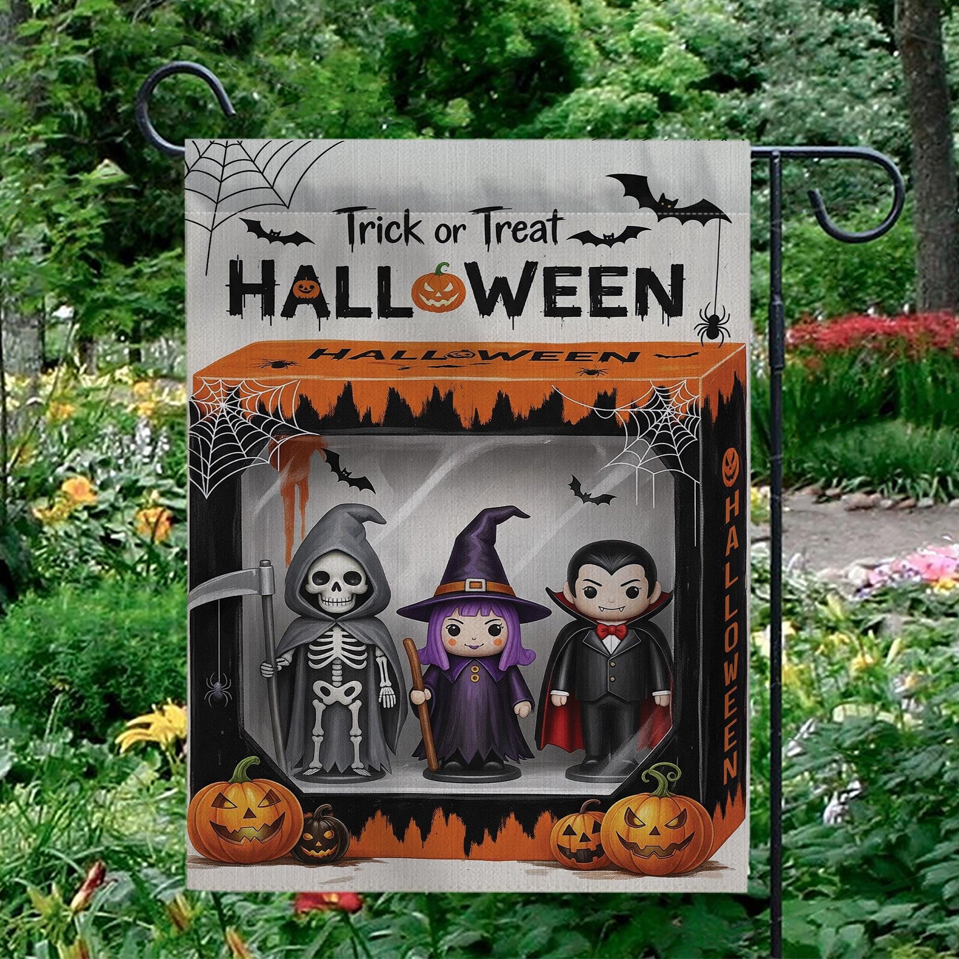Trick or Treat Halloween Garden Flag, Spooky Yard Decor, Skeleton Witch Vampire Sign, Outdoor Fall Decoration, Festive Welcome Flag