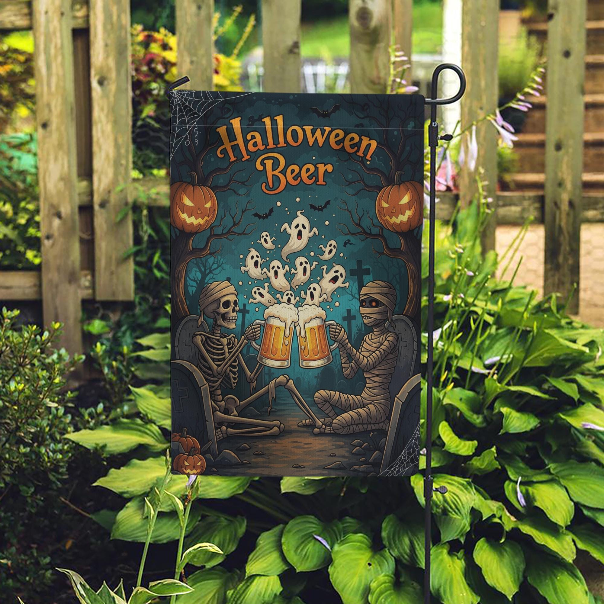 Halloween Beer Garden Flag, Spooky Skeleton Mummy Toast, Funny Outdoor Decor, Ghost Party Yard Sign, Unique Fall Decoration