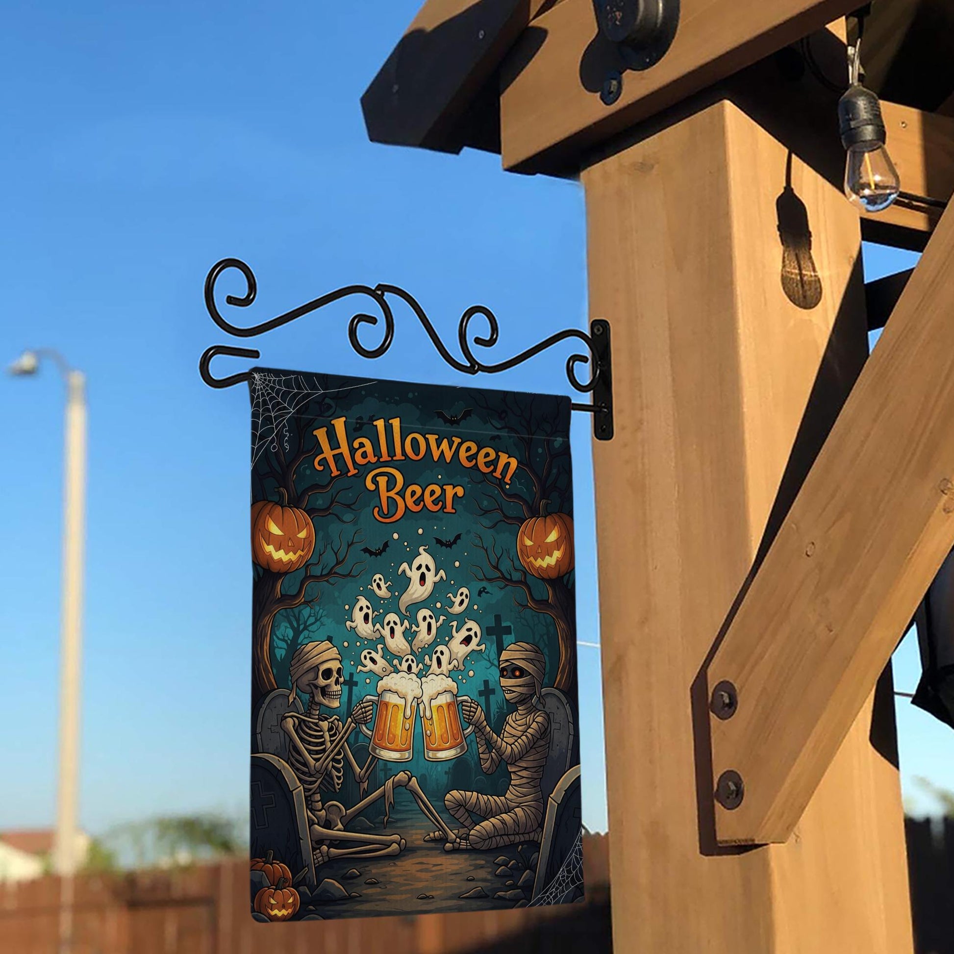 Halloween Beer Garden Flag, Spooky Skeleton Mummy Toast, Funny Outdoor Decor, Ghost Party Yard Sign, Unique Fall Decoration