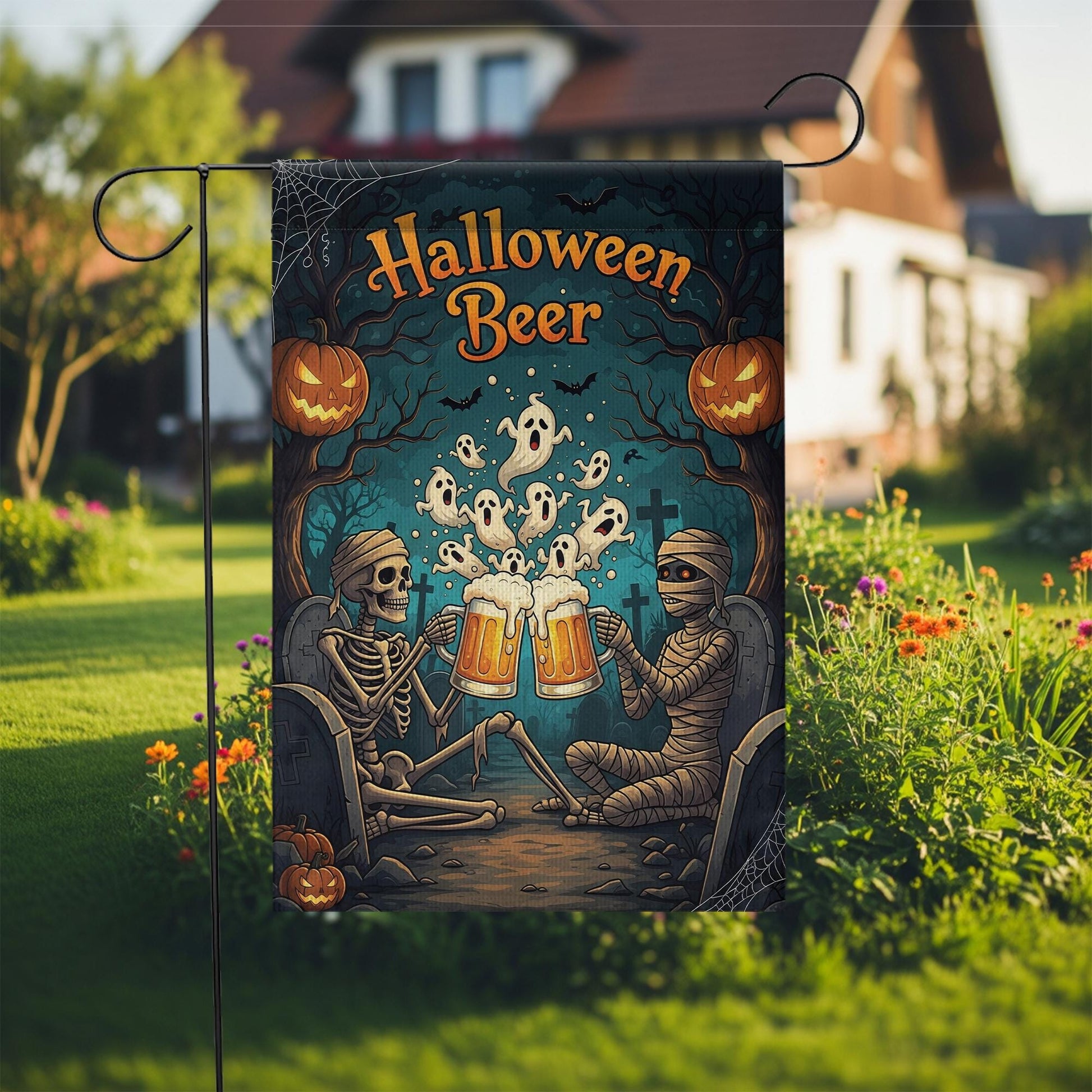 Halloween Beer Garden Flag, Spooky Skeleton Mummy Toast, Funny Outdoor Decor, Ghost Party Yard Sign, Unique Fall Decoration