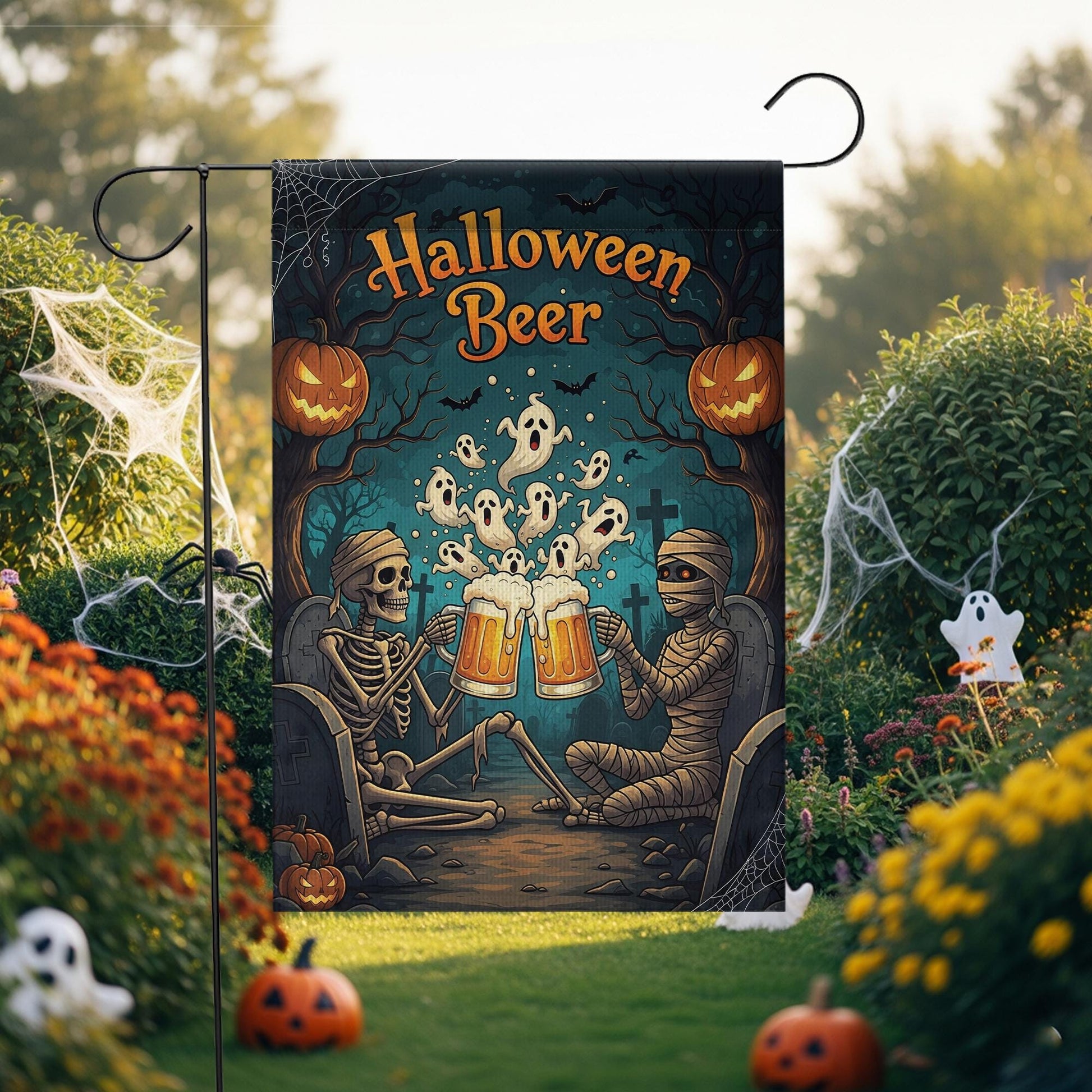 Halloween Beer Garden Flag, Spooky Skeleton Mummy Toast, Funny Outdoor Decor, Ghost Party Yard Sign, Unique Fall Decoration