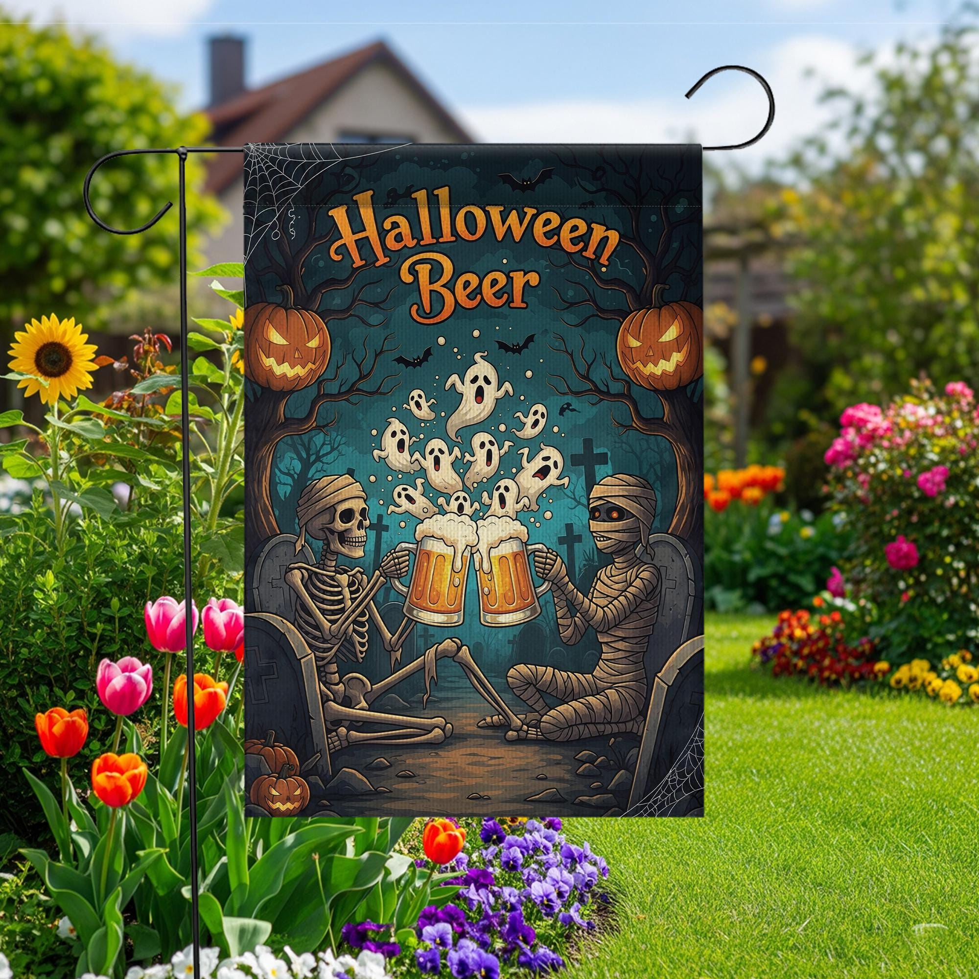 Halloween Beer Garden Flag, Spooky Skeleton Mummy Toast, Funny Outdoor Decor, Ghost Party Yard Sign, Unique Fall Decoration