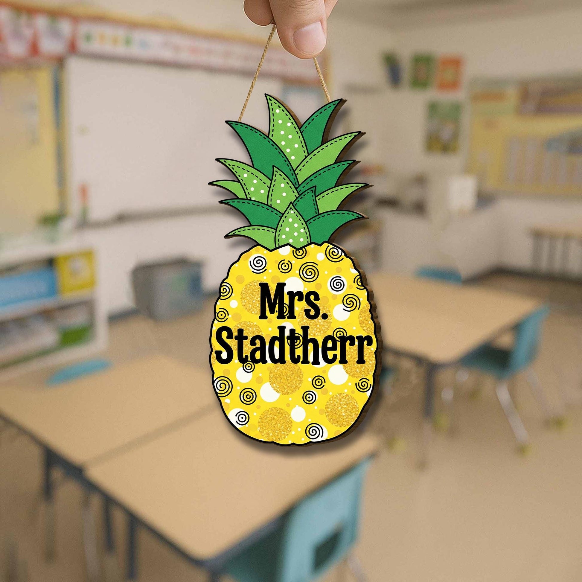 Personalized Pineapple Teacher Door Sign – Custom Name Classroom Decor, Tropical Welcome Sign for School or Summer Theme, Fruit Door Hanger