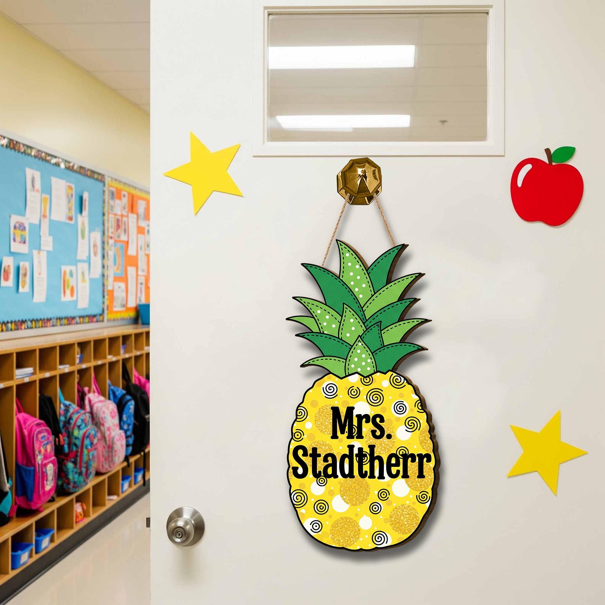 Personalized Pineapple Teacher Door Sign – Custom Name Classroom Decor, Tropical Welcome Sign for School or Summer Theme, Fruit Door Hanger