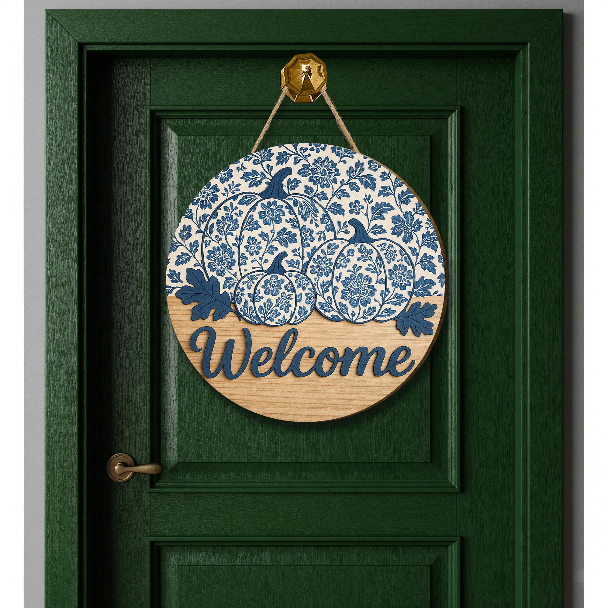 Chinoiserie Pumpkin Welcome Sign, Blue and White Fall Door Hanger, Round Wooden Porch Decor, Farmhouse Autumn Entryway Sign