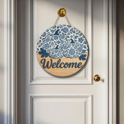 Chinoiserie Pumpkin Welcome Sign, Blue and White Fall Door Hanger, Round Wooden Porch Decor, Farmhouse Autumn Entryway Sign