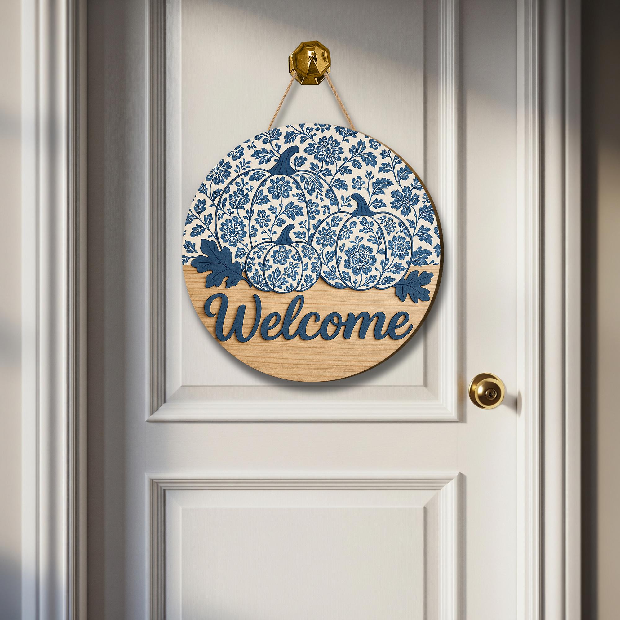 Chinoiserie Pumpkin Welcome Sign, Blue and White Fall Door Hanger, Round Wooden Porch Decor, Farmhouse Autumn Entryway Sign