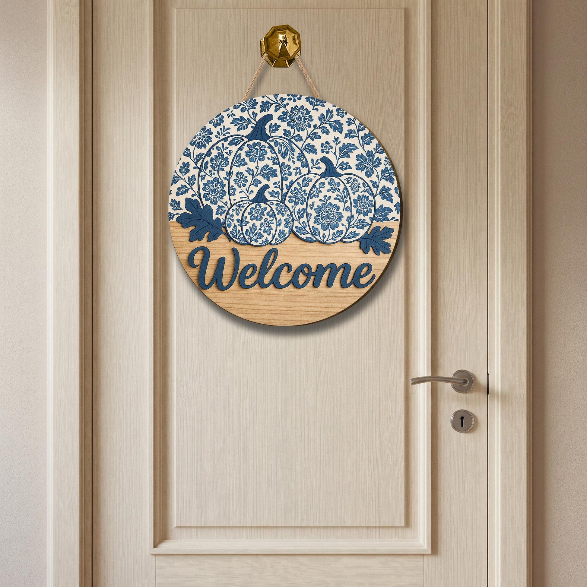 Chinoiserie Pumpkin Welcome Sign, Blue and White Fall Door Hanger, Round Wooden Porch Decor, Farmhouse Autumn Entryway Sign