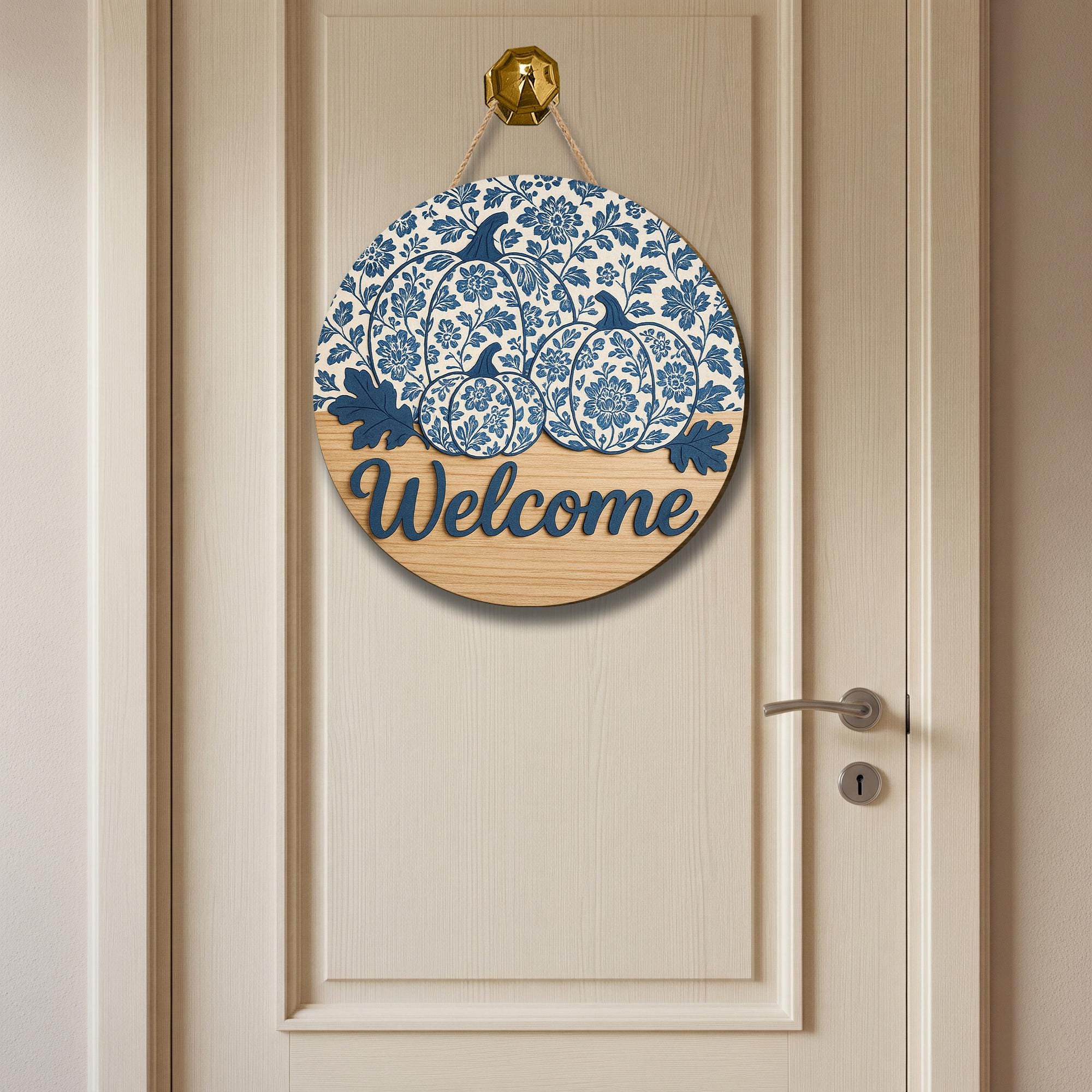 Chinoiserie Pumpkin Welcome Sign, Blue and White Fall Door Hanger, Round Wooden Porch Decor, Farmhouse Autumn Entryway Sign