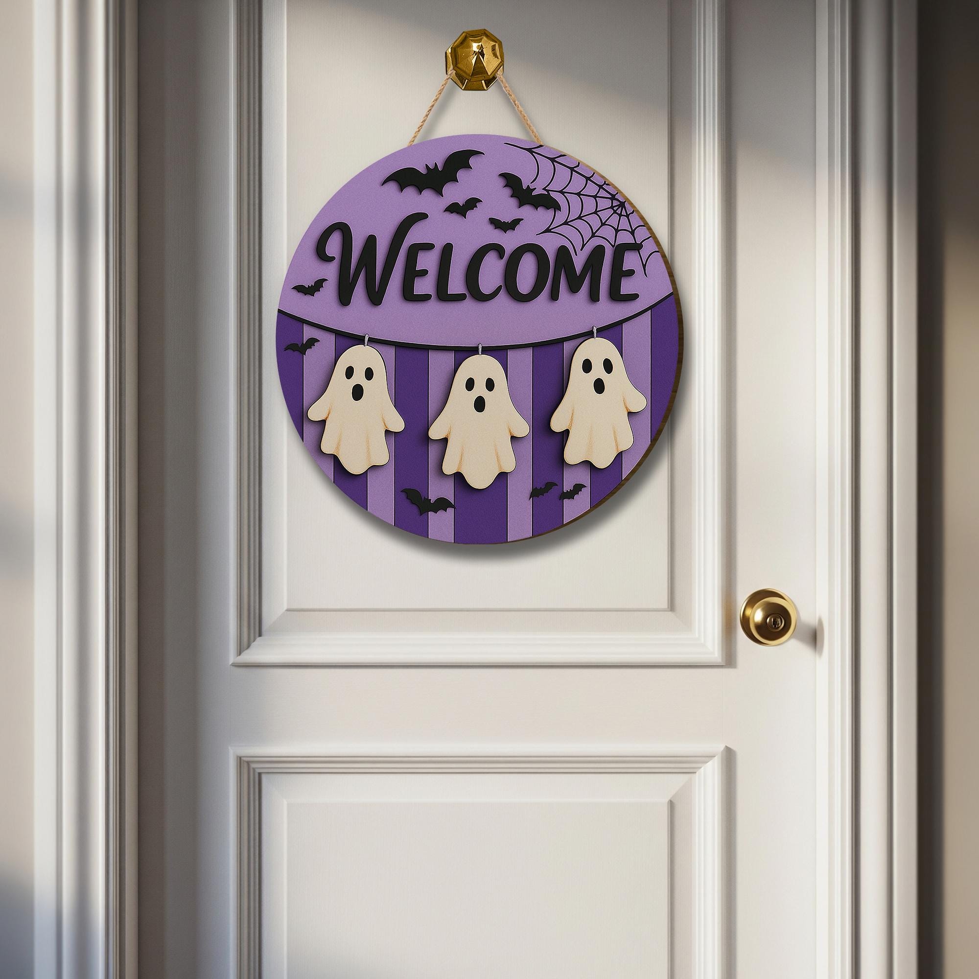 Halloween Ghost Welcome Sign, Purple Wooden Door Hanger, Cute Bat Spiderweb Decor, Spooky Front Porch Sign, Trick or Treat Decor