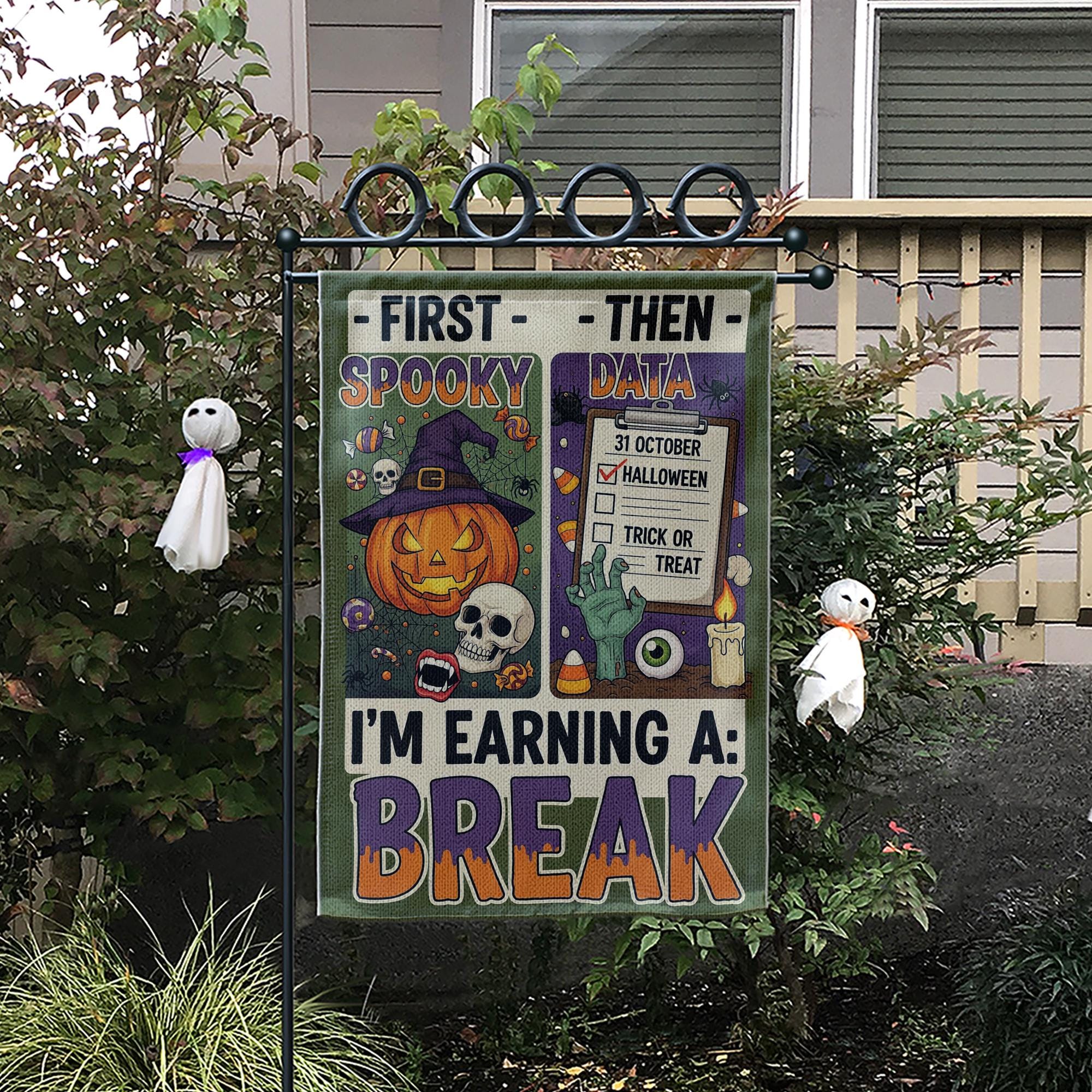 Funny Halloween Garden Flag, Spooky Data "Earning A Break" Sign, Accountant Halloween Decor, Unique Yard Art, Fall Welcome Flag
