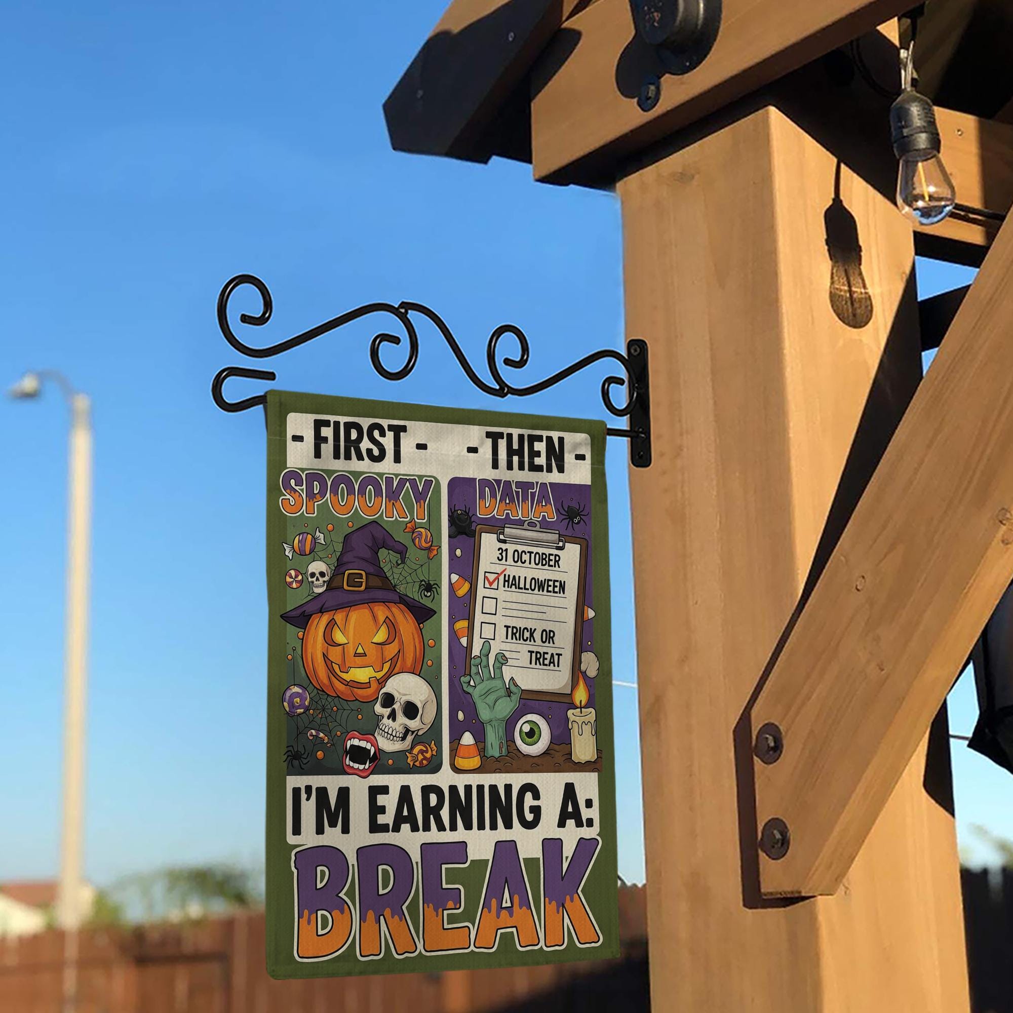 Funny Halloween Garden Flag, Spooky Data "Earning A Break" Sign, Accountant Halloween Decor, Unique Yard Art, Fall Welcome Flag