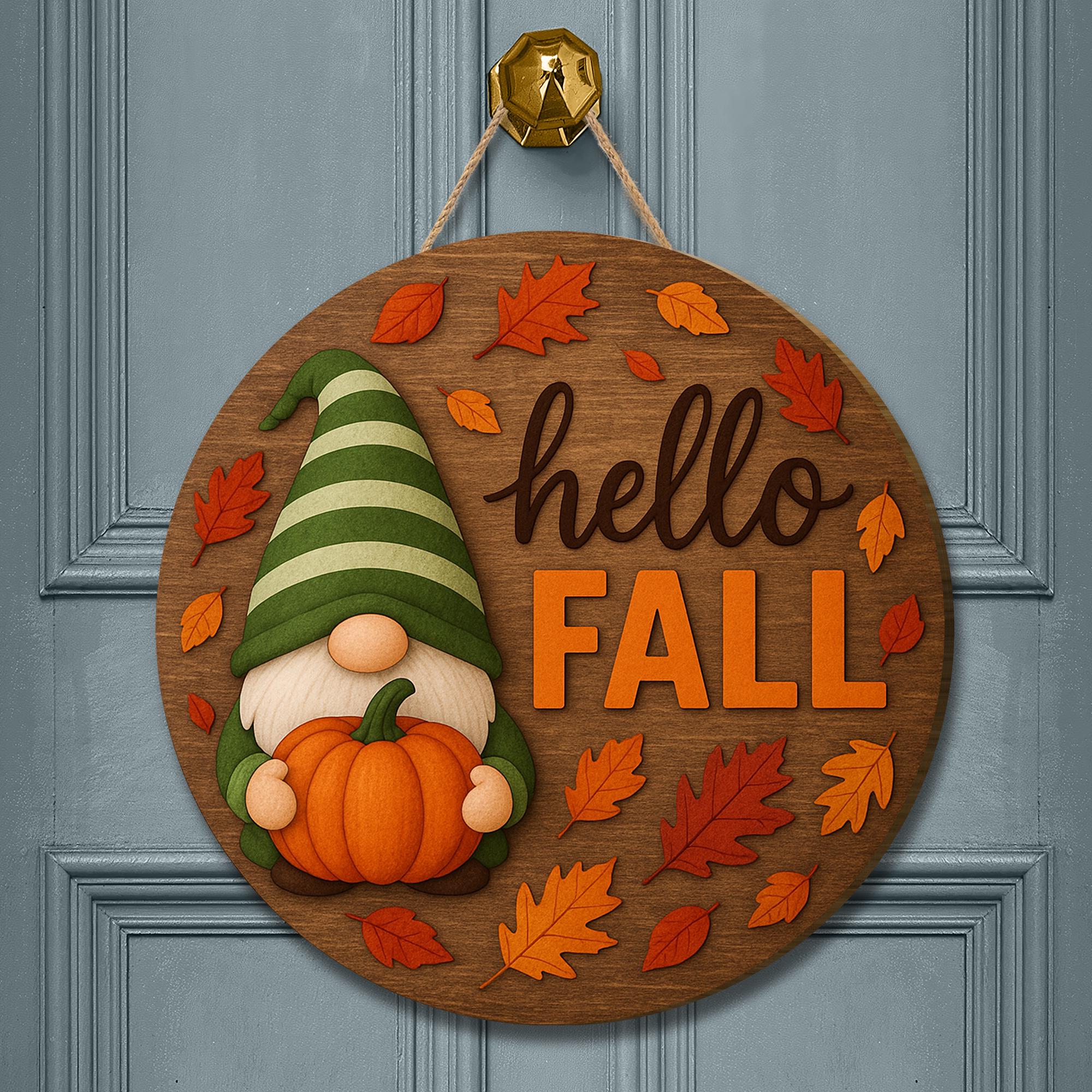Hello Fall Gnome Door Sign, Round Wooden Autumn Welcome Sign, Pumpkin Leaf Porch Decor, Rustic Fall Entryway Hanger, Seasonal Home Art