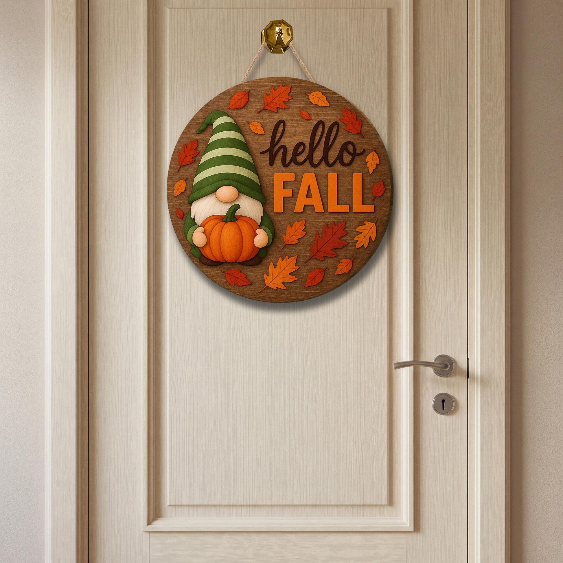 Hello Fall Gnome Door Sign, Round Wooden Autumn Welcome Sign, Pumpkin Leaf Porch Decor, Rustic Fall Entryway Hanger, Seasonal Home Art