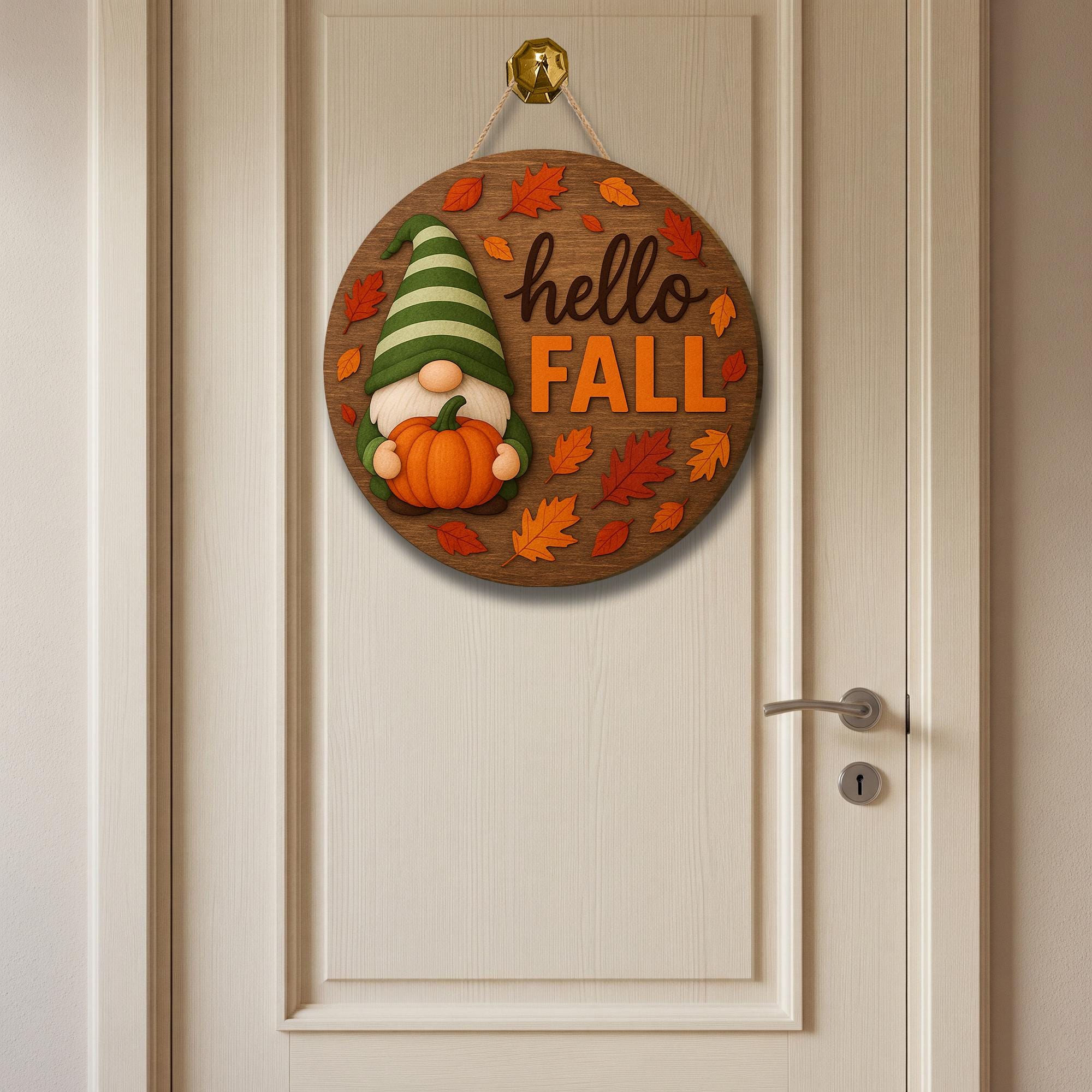 Hello Fall Gnome Door Sign, Round Wooden Autumn Welcome Sign, Pumpkin Leaf Porch Decor, Rustic Fall Entryway Hanger, Seasonal Home Art
