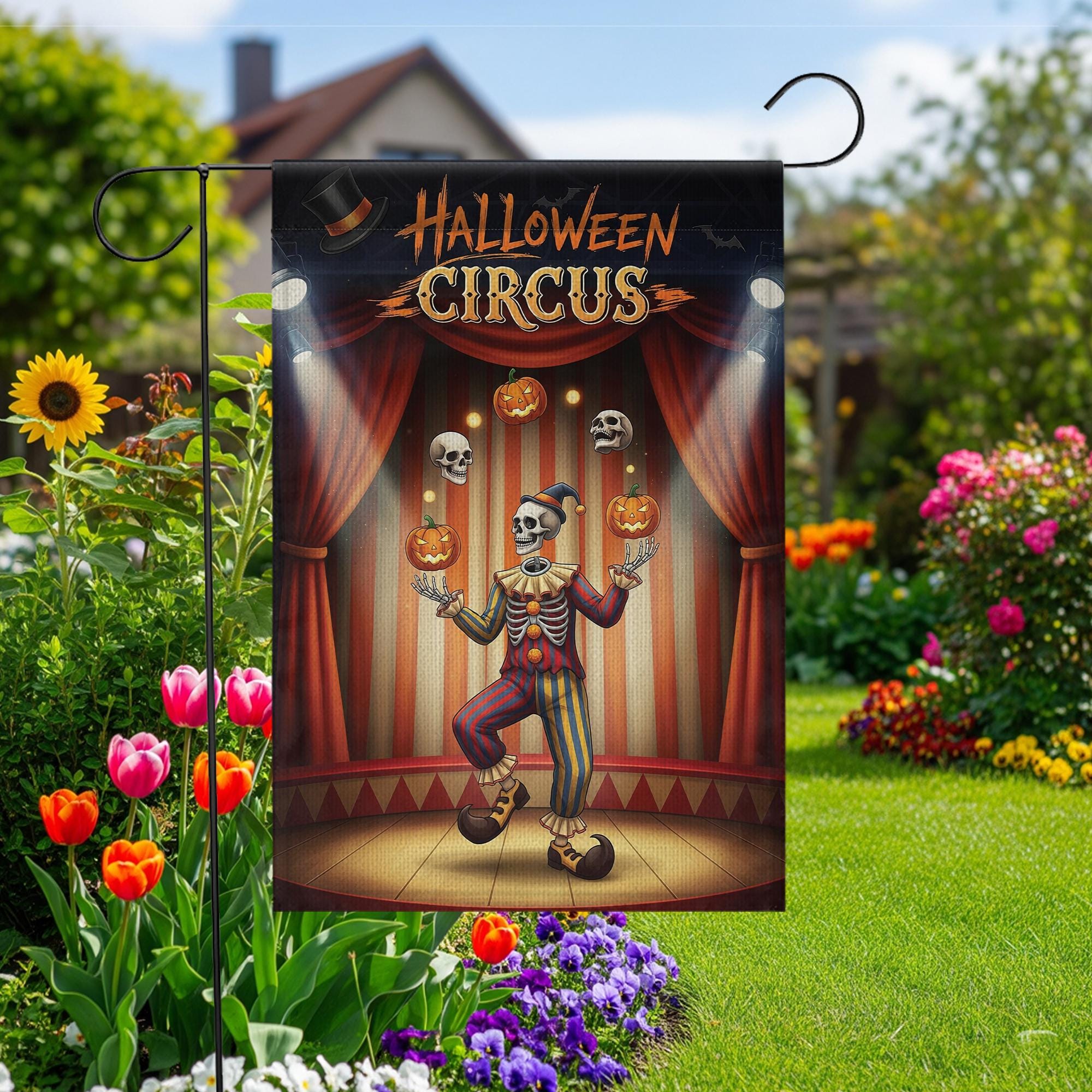 Halloween Circus Garden Flag, Juggling Skeleton Clown Yard Decor, Spooky Pumpkin Skull Sign, Outdoor Fall Decoration, Unique Welcome Flag