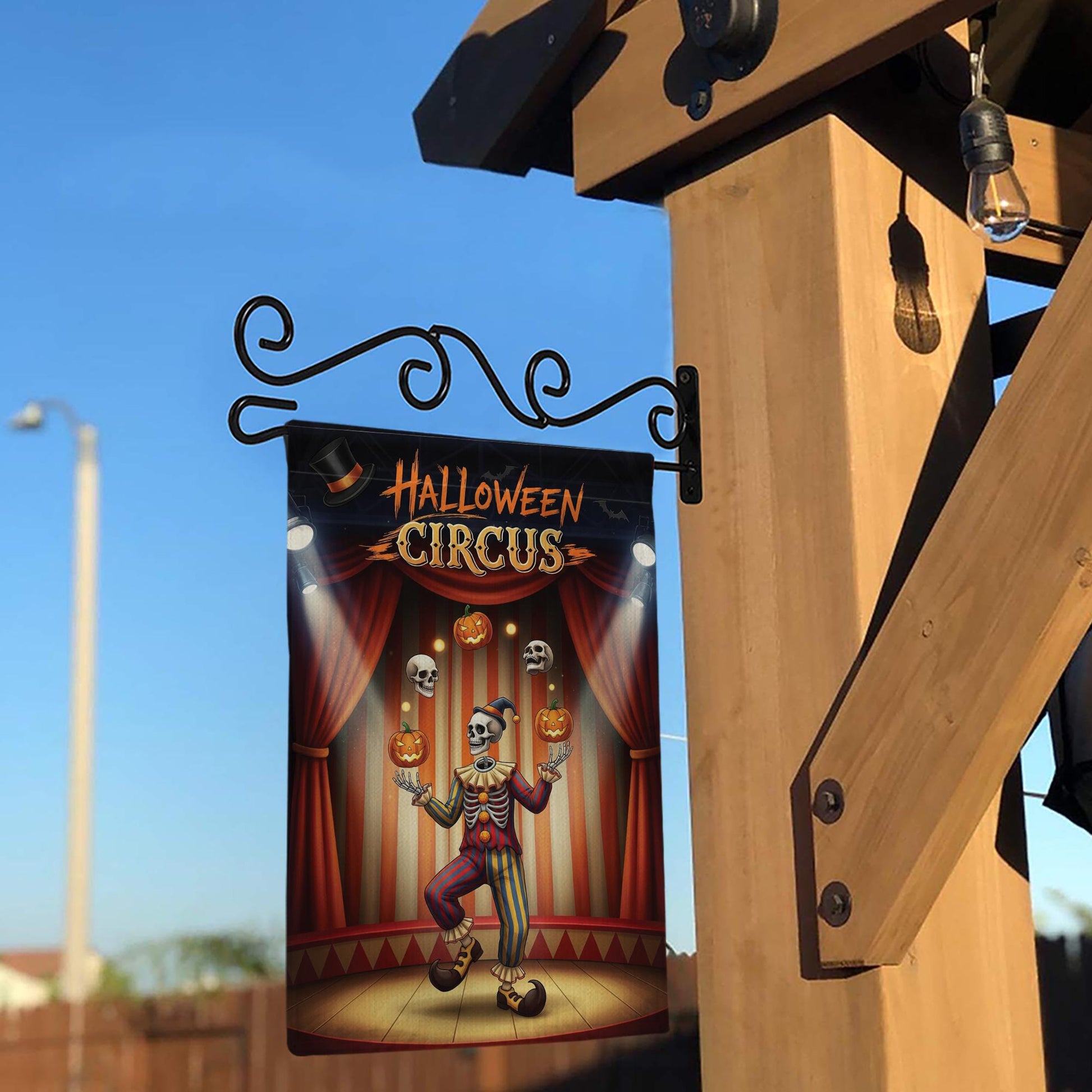 Halloween Circus Garden Flag, Juggling Skeleton Clown Yard Decor, Spooky Pumpkin Skull Sign, Outdoor Fall Decoration, Unique Welcome Flag
