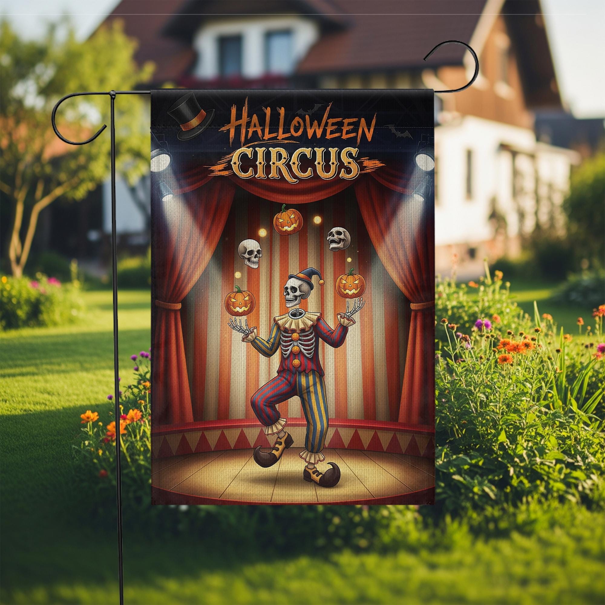 Halloween Circus Garden Flag, Juggling Skeleton Clown Yard Decor, Spooky Pumpkin Skull Sign, Outdoor Fall Decoration, Unique Welcome Flag