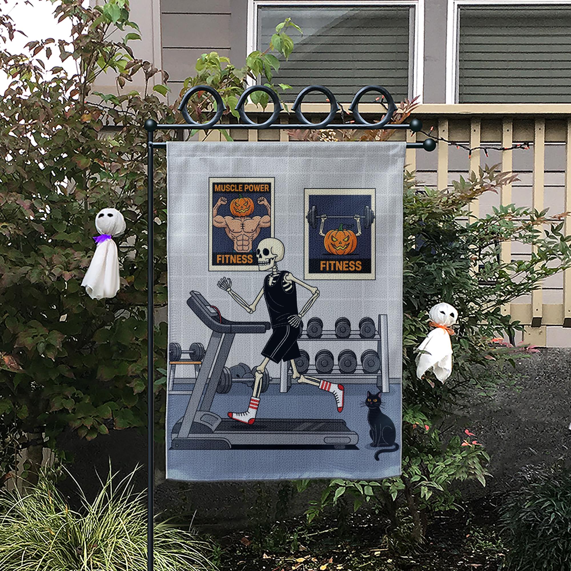 Halloween Fitness Garden Flag, Skeleton Gym Workout Decor, Funny Pumpkin Bodybuilding Sign, Spooky Outdoor Yard Art, Unique Gift