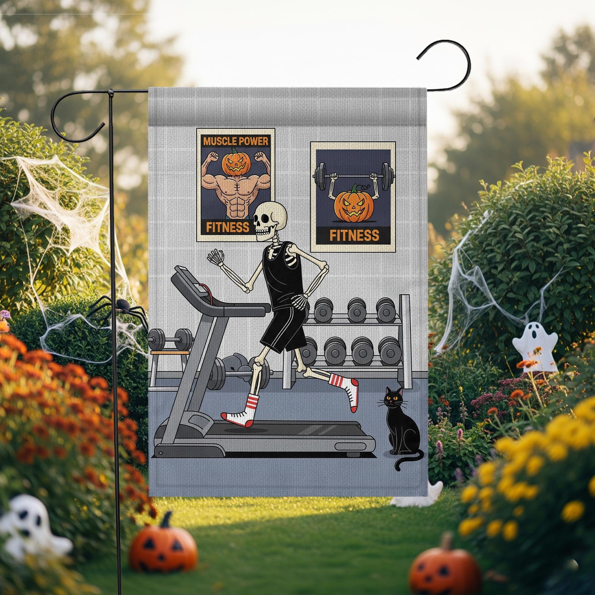 Halloween Fitness Garden Flag, Skeleton Gym Workout Decor, Funny Pumpkin Bodybuilding Sign, Spooky Outdoor Yard Art, Unique Gift