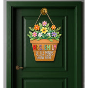 Personalized Teacher Door Sign, Flower Pot Classroom Decor with Name, Little Minds Grow Here Back to School Gift for Teachers, Flower Decor