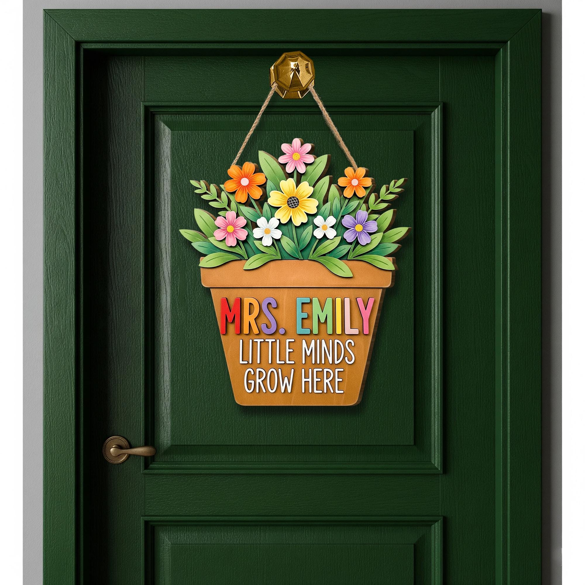 Personalized Teacher Door Sign, Flower Pot Classroom Decor with Name, Little Minds Grow Here Back to School Gift for Teachers, Flower Decor