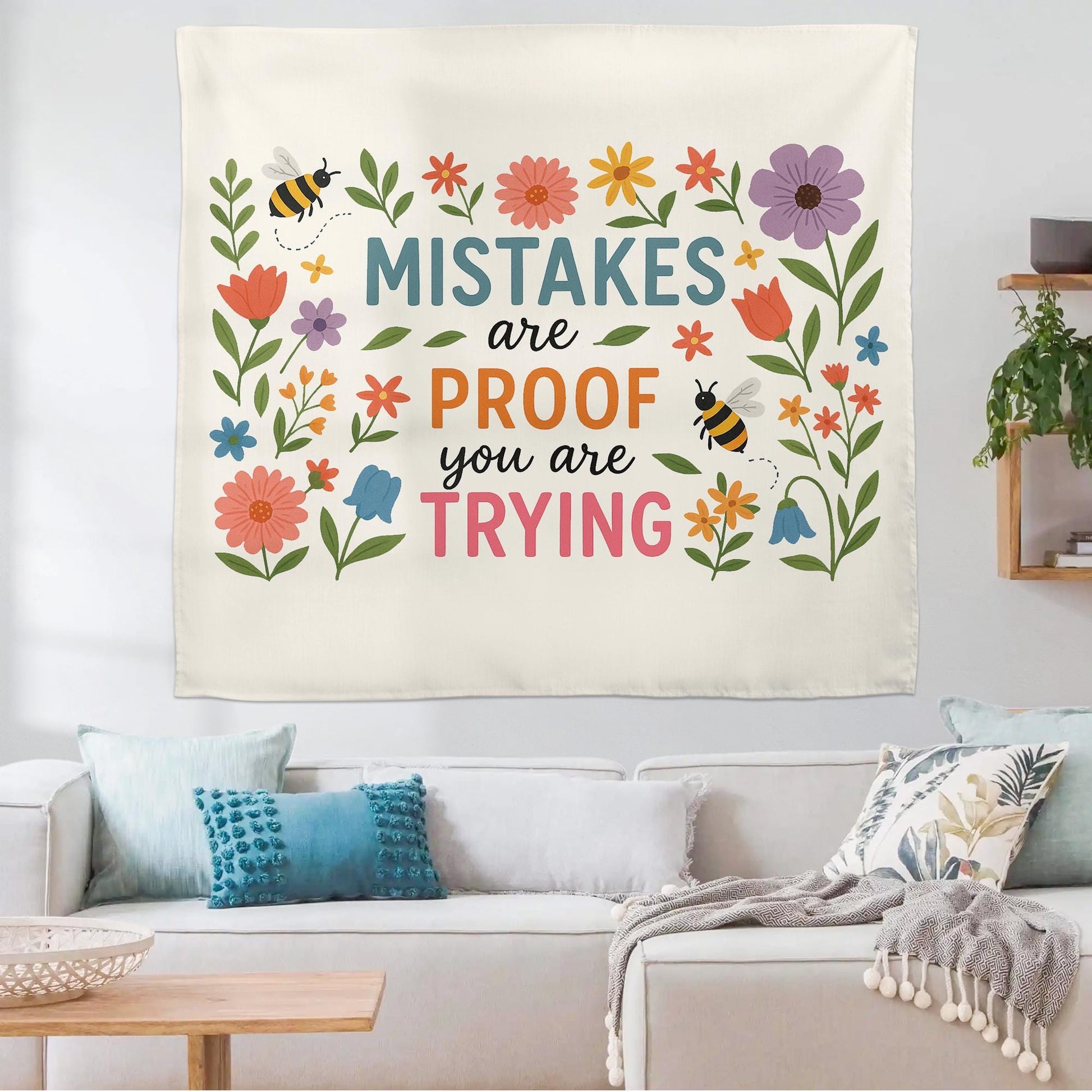 Mistakes Are Proof You Are Trying Tapestry – Motivational Floral Wall Hanging, Teacher Office Decor, Growth Mindset Banner Gift