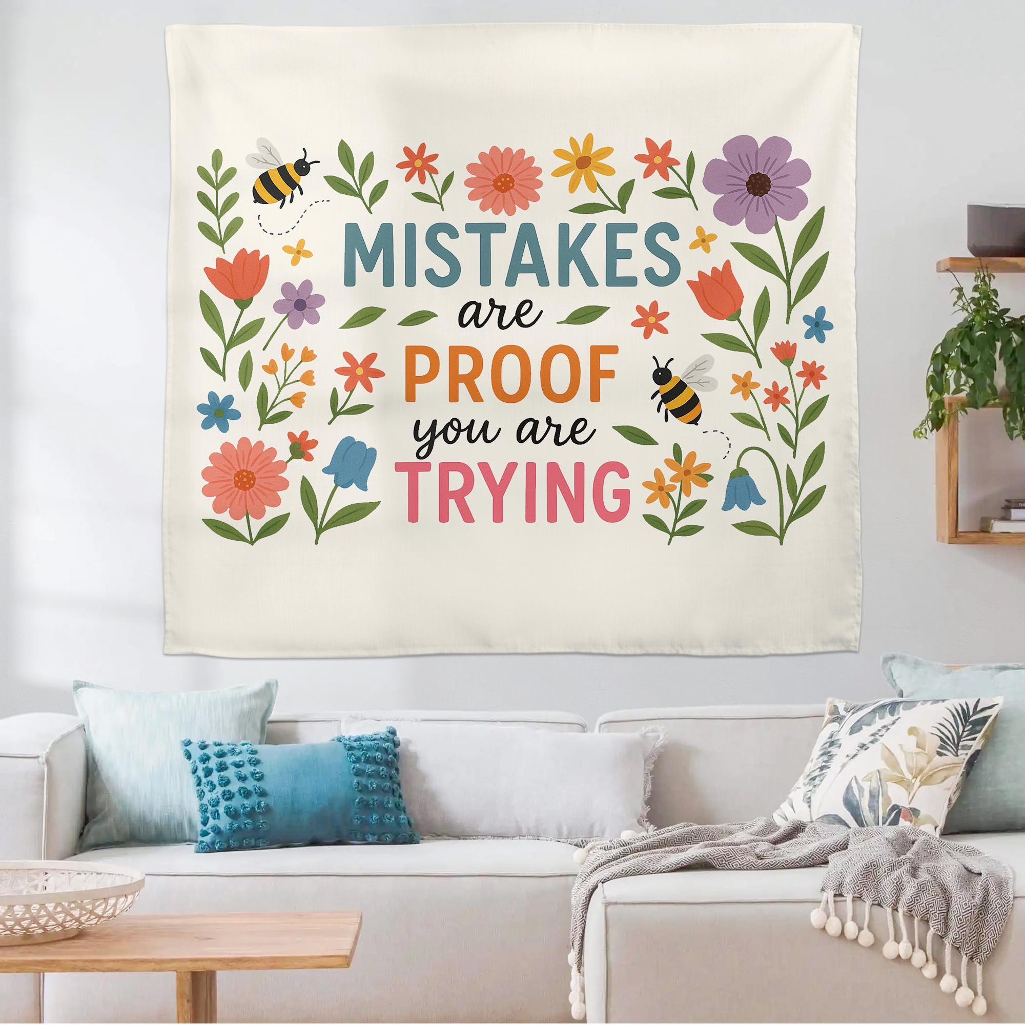 Mistakes Are Proof You Are Trying Tapestry – Motivational Floral Wall Hanging, Teacher Office Decor, Growth Mindset Banner Gift