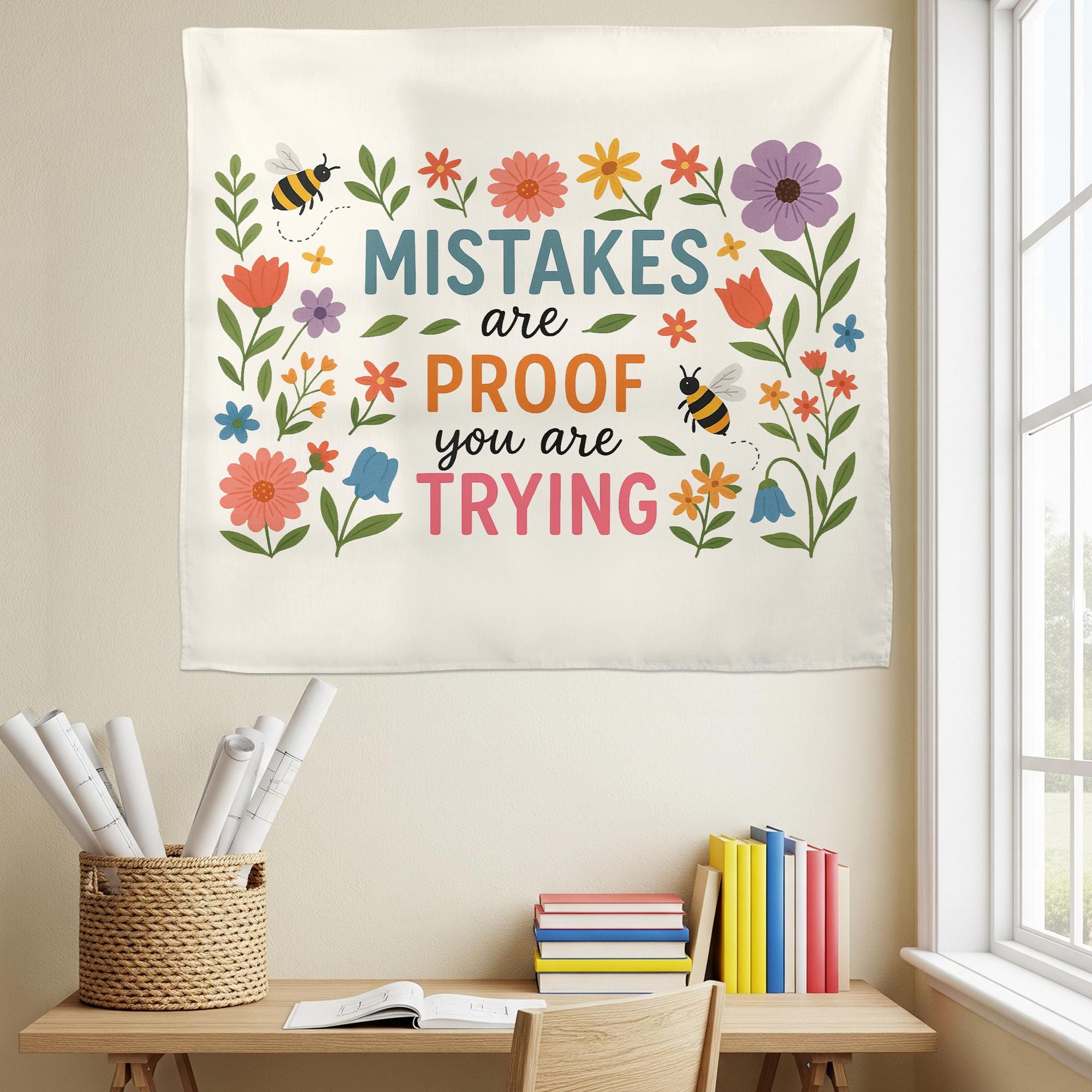 Mistakes Are Proof You Are Trying Tapestry – Motivational Floral Wall Hanging, Teacher Office Decor, Growth Mindset Banner Gift
