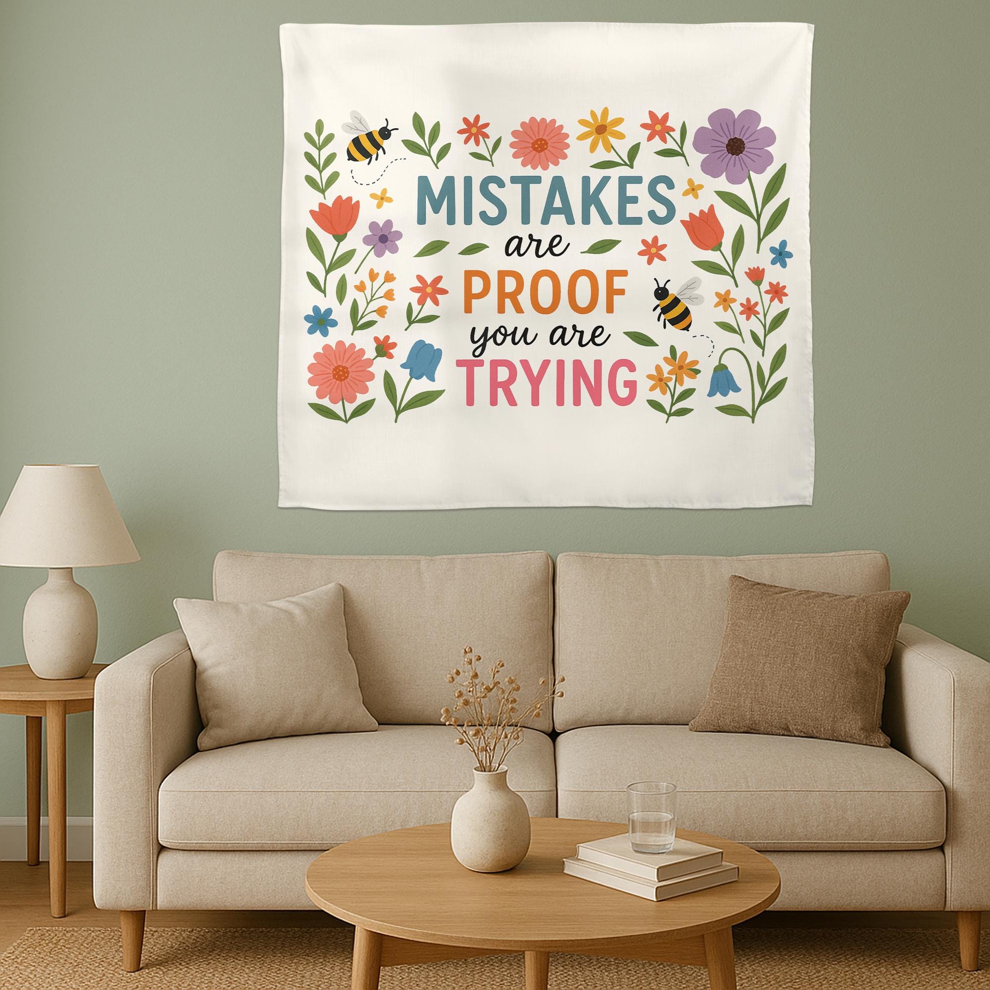 Mistakes Are Proof You Are Trying Tapestry – Motivational Floral Wall Hanging, Teacher Office Decor, Growth Mindset Banner Gift