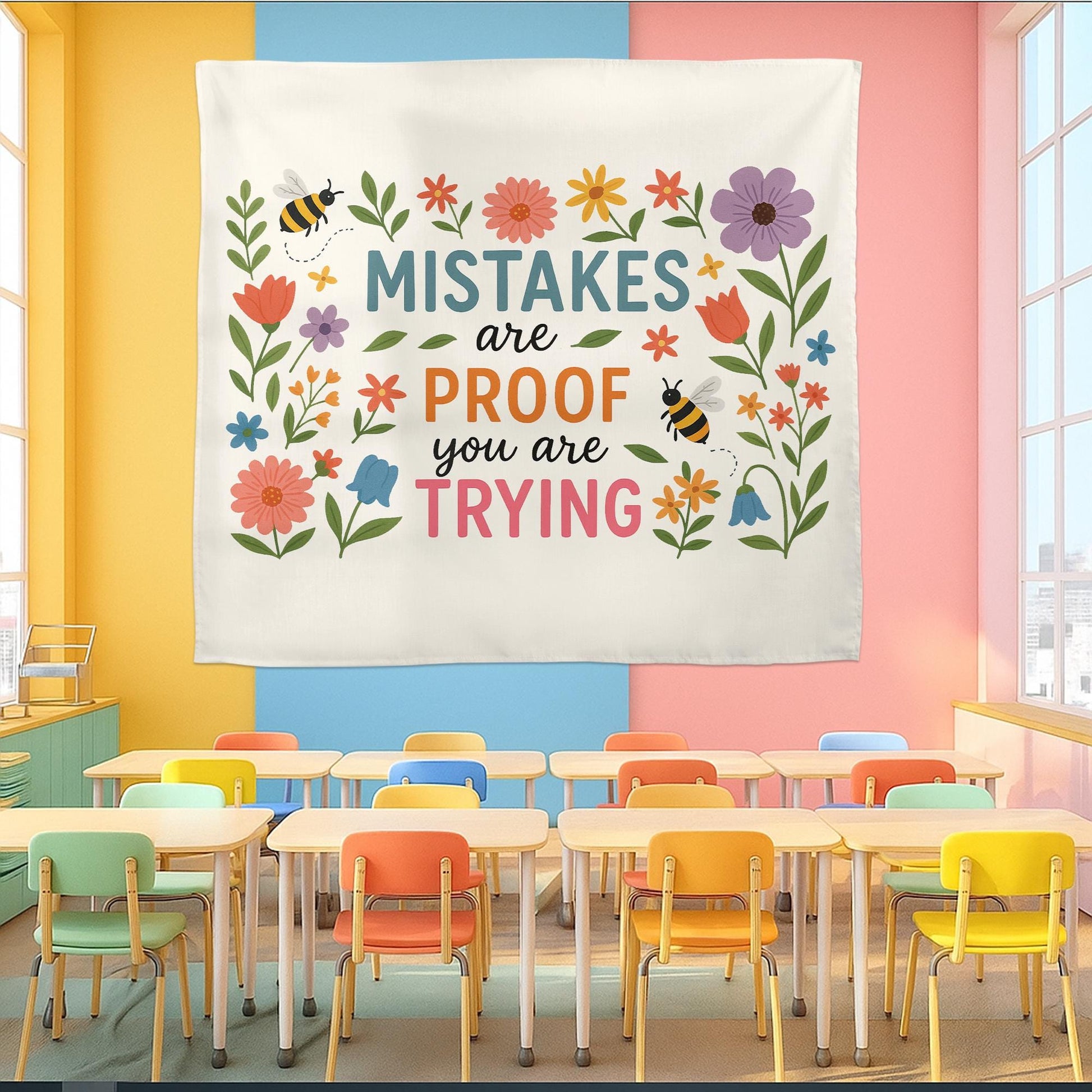 Mistakes Are Proof You Are Trying Tapestry – Motivational Floral Wall Hanging, Teacher Office Decor, Growth Mindset Banner Gift