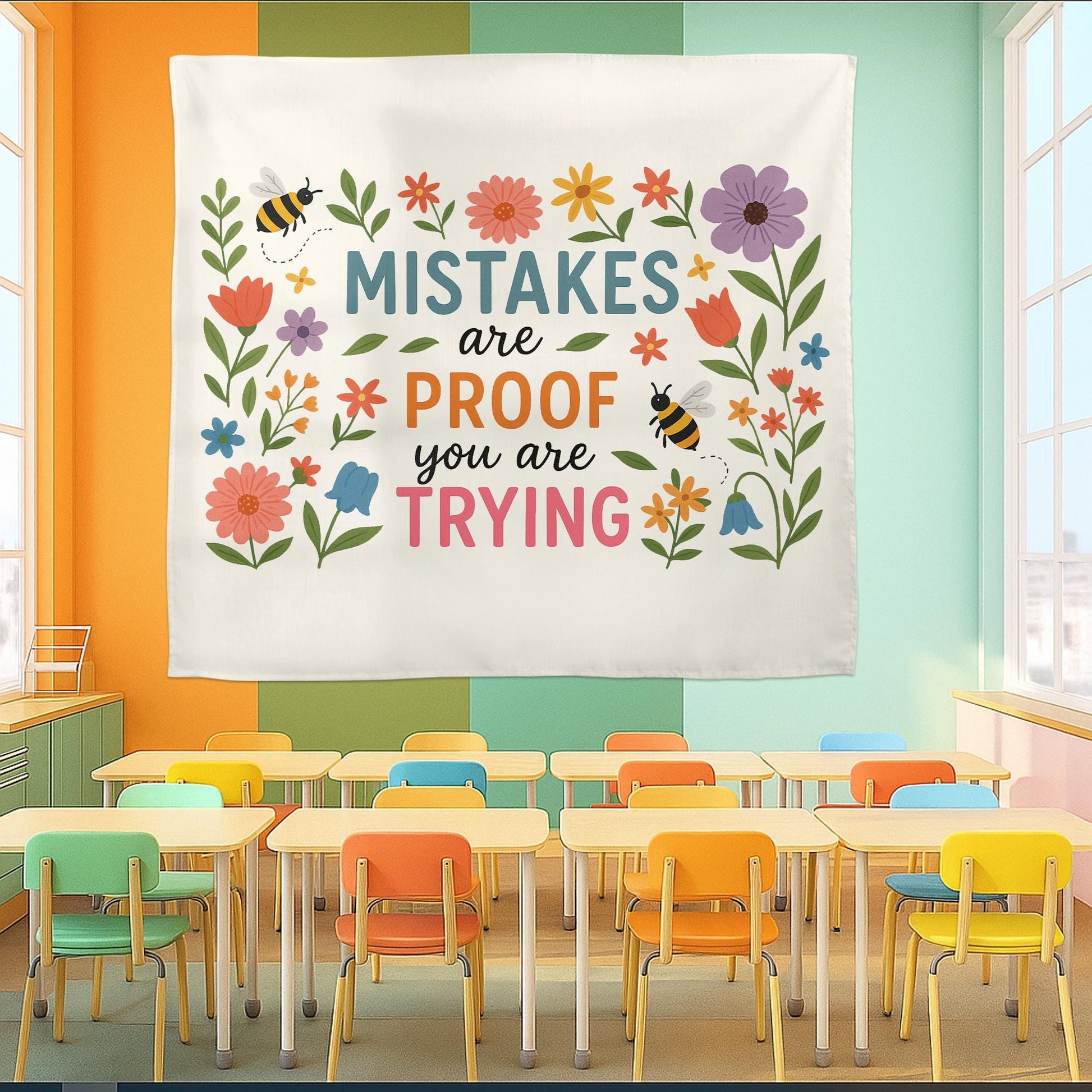 Mistakes Are Proof You Are Trying Tapestry – Motivational Floral Wall Hanging, Teacher Office Decor, Growth Mindset Banner Gift