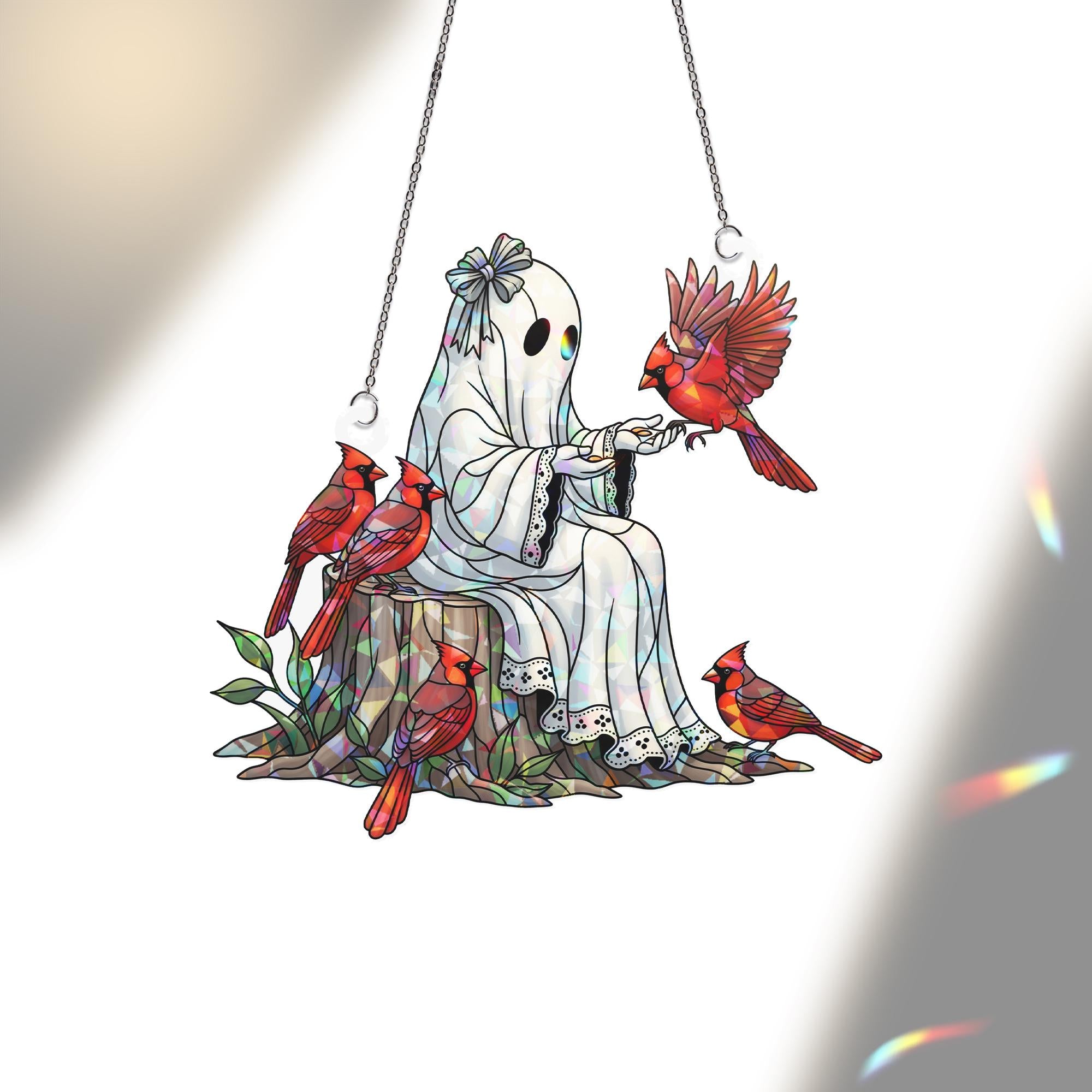 Holographic Ghost Cardinal Window Hanging – Spooky Cute Bird Suncatcher, Gothic Forest Decor, Halloween Ghost Stained Look Gift