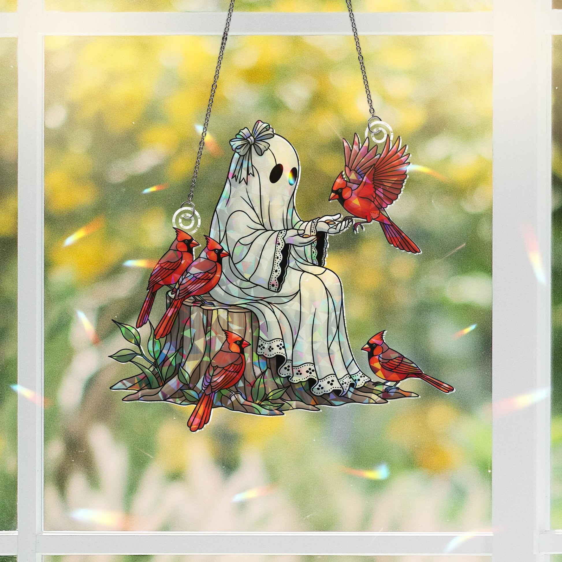 Holographic Ghost Cardinal Window Hanging – Spooky Cute Bird Suncatcher, Gothic Forest Decor, Halloween Ghost Stained Look Gift
