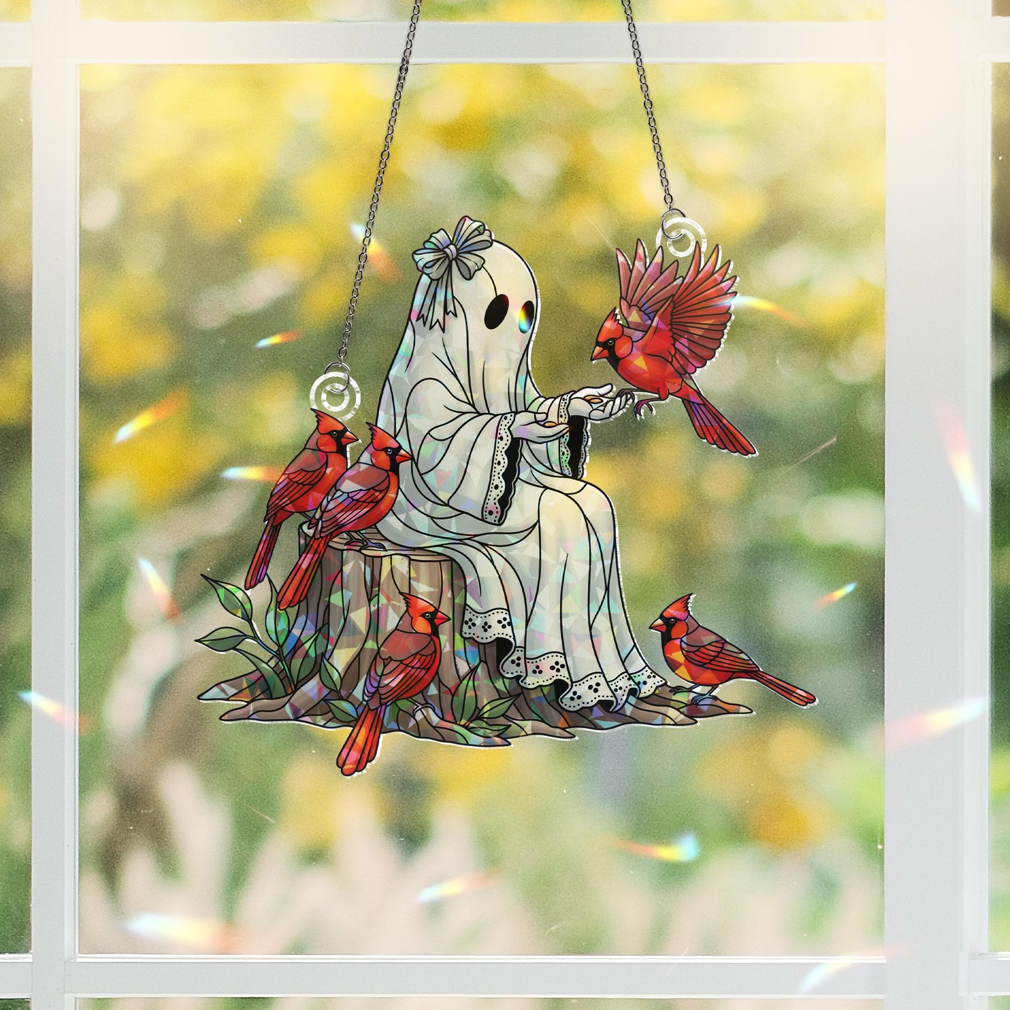 Holographic Ghost Cardinal Window Hanging – Spooky Cute Bird Suncatcher, Gothic Forest Decor, Halloween Ghost Stained Look Gift