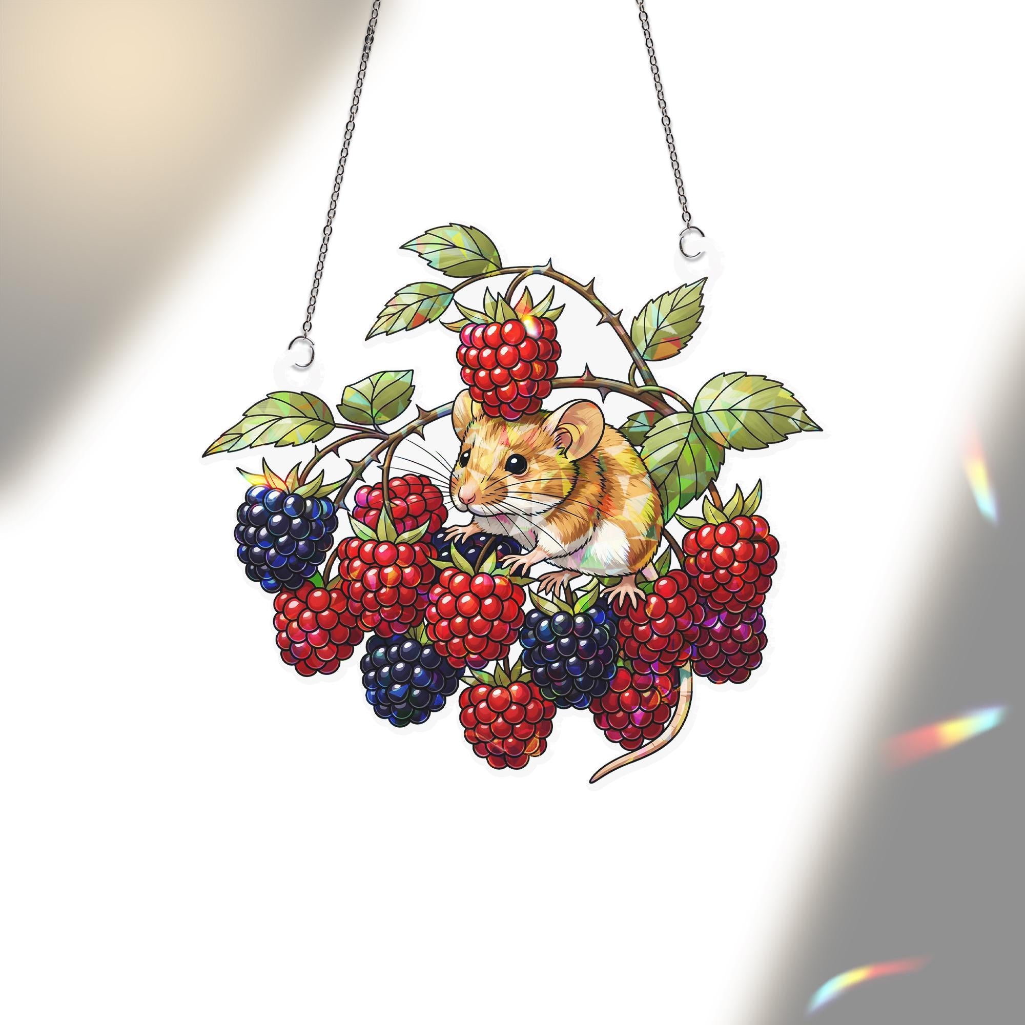 Holographic Mouse and Berries Window Hanging – Cottagecore Fruit Suncatcher, Woodland Mouse Decor, Summer Garden Gift for Nature Lovers
