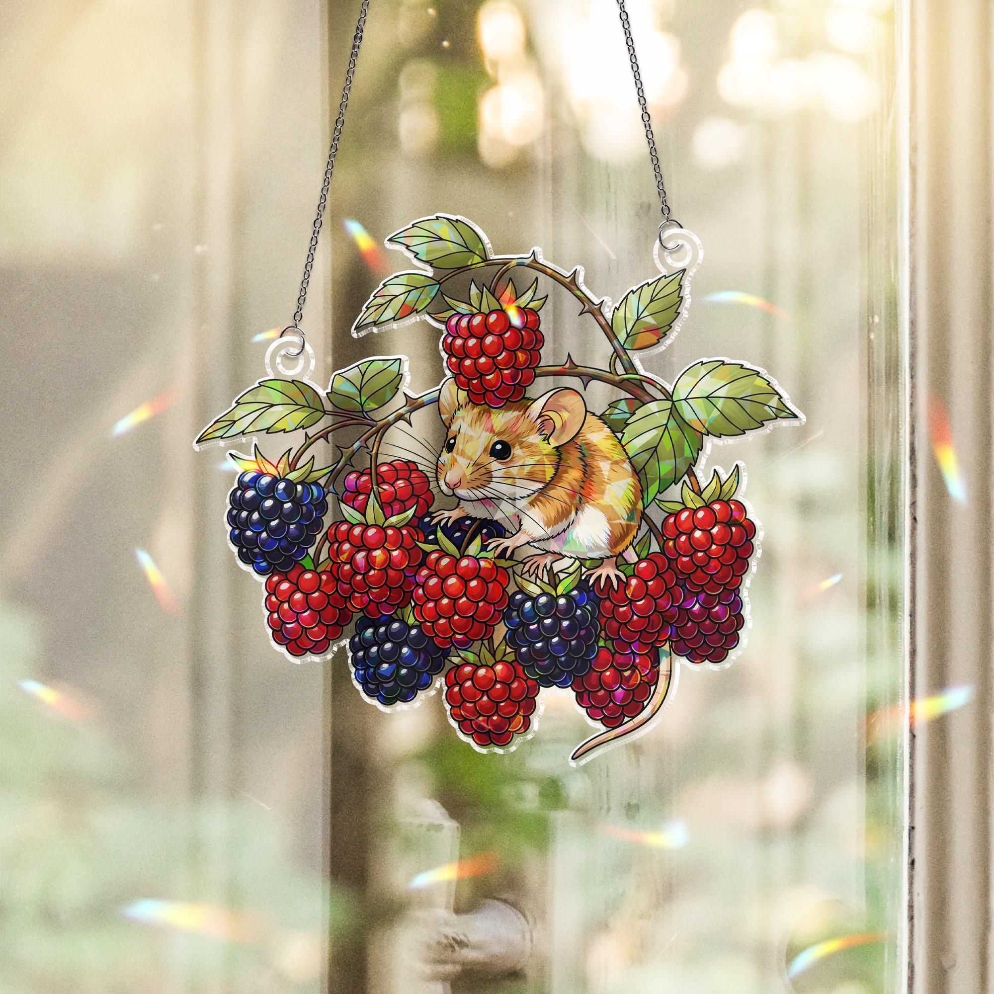 Holographic Mouse and Berries Window Hanging – Cottagecore Fruit Suncatcher, Woodland Mouse Decor, Summer Garden Gift for Nature Lovers