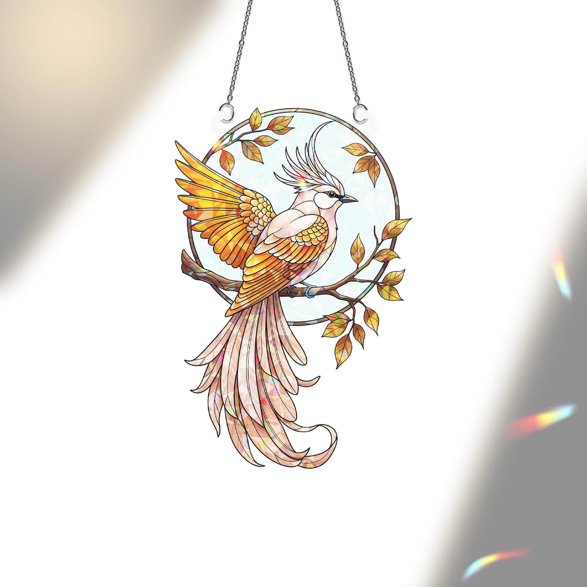 Elegant Holographic Bird Window Hanging – Stained Glass Style Suncatcher, Autumn Branch Decor, Sunlight Catcher Gift for Bird Lovers