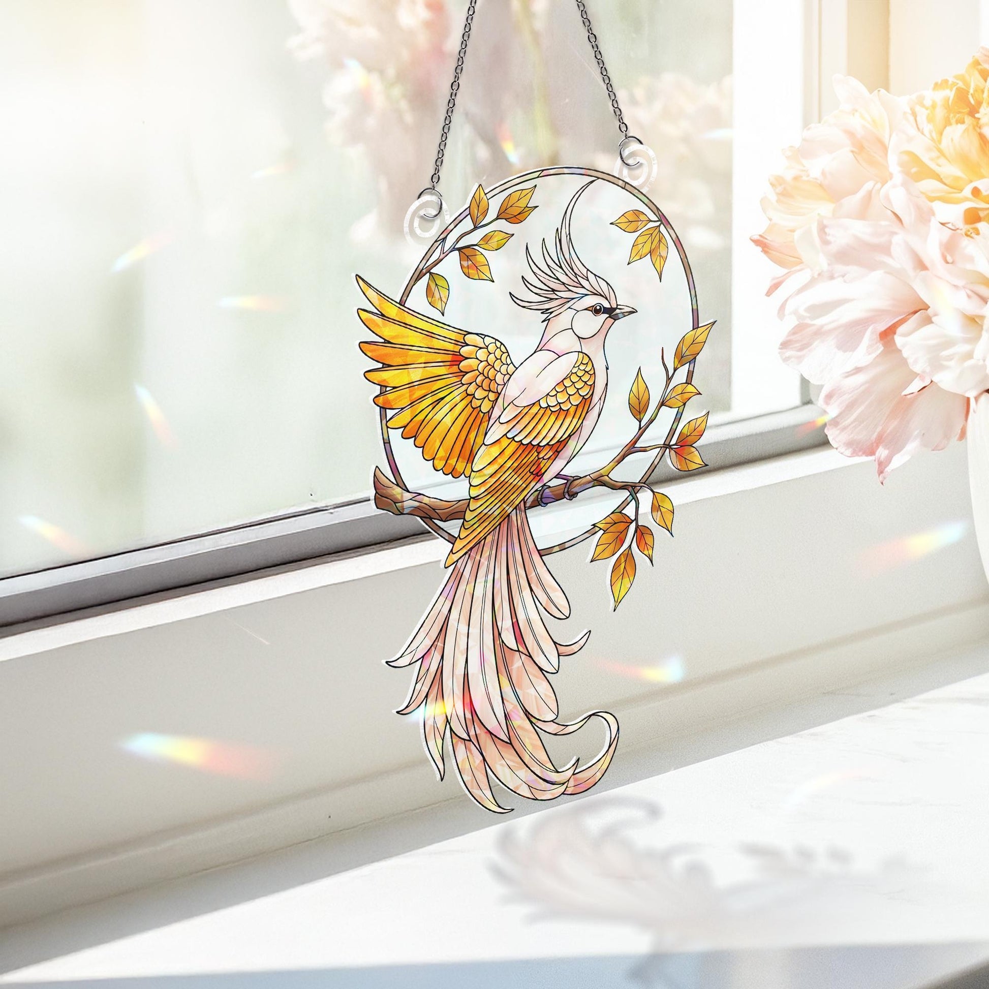 Elegant Holographic Bird Window Hanging – Stained Glass Style Suncatcher, Autumn Branch Decor, Sunlight Catcher Gift for Bird Lovers