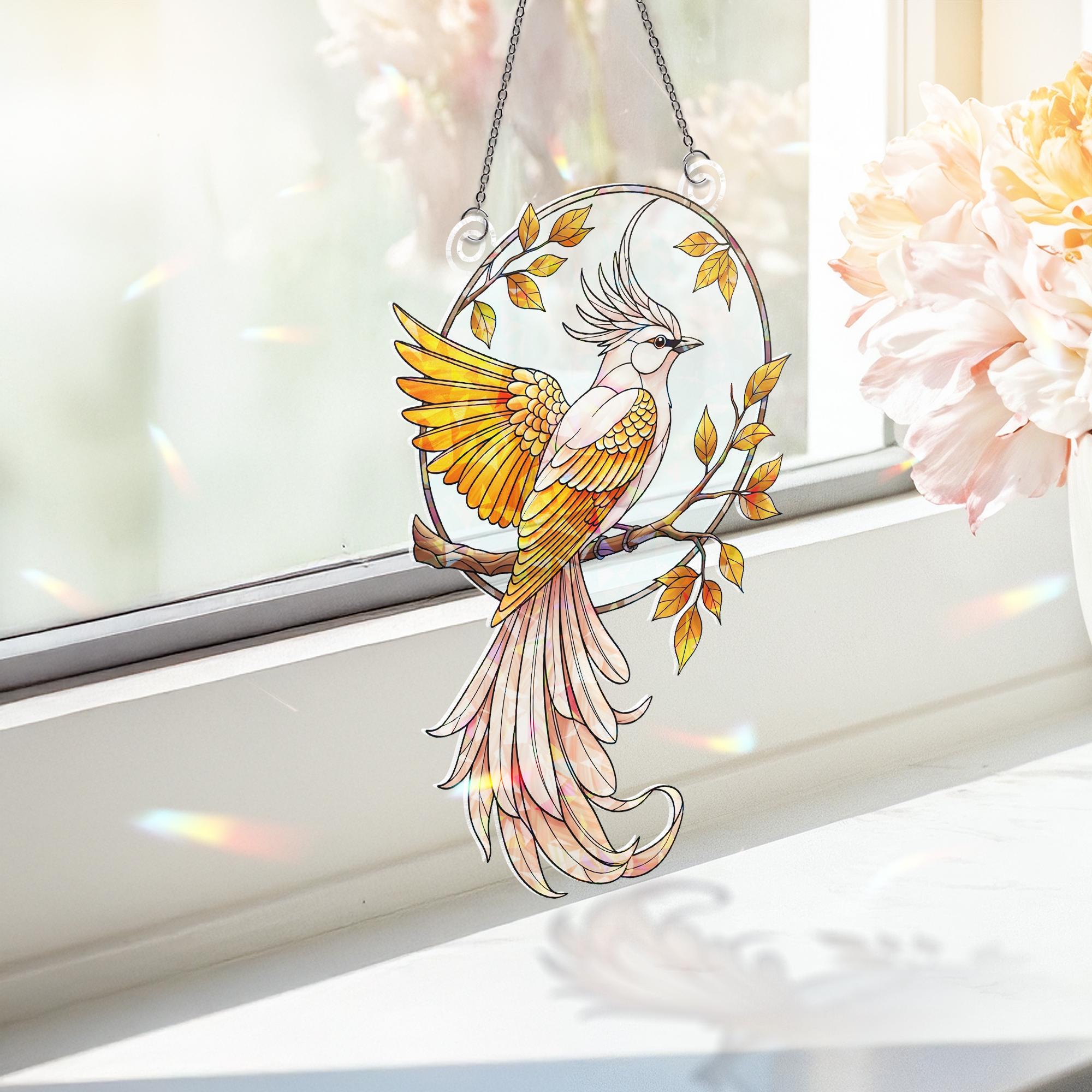 Elegant Holographic Bird Window Hanging – Stained Glass Style Suncatcher, Autumn Branch Decor, Sunlight Catcher Gift for Bird Lovers