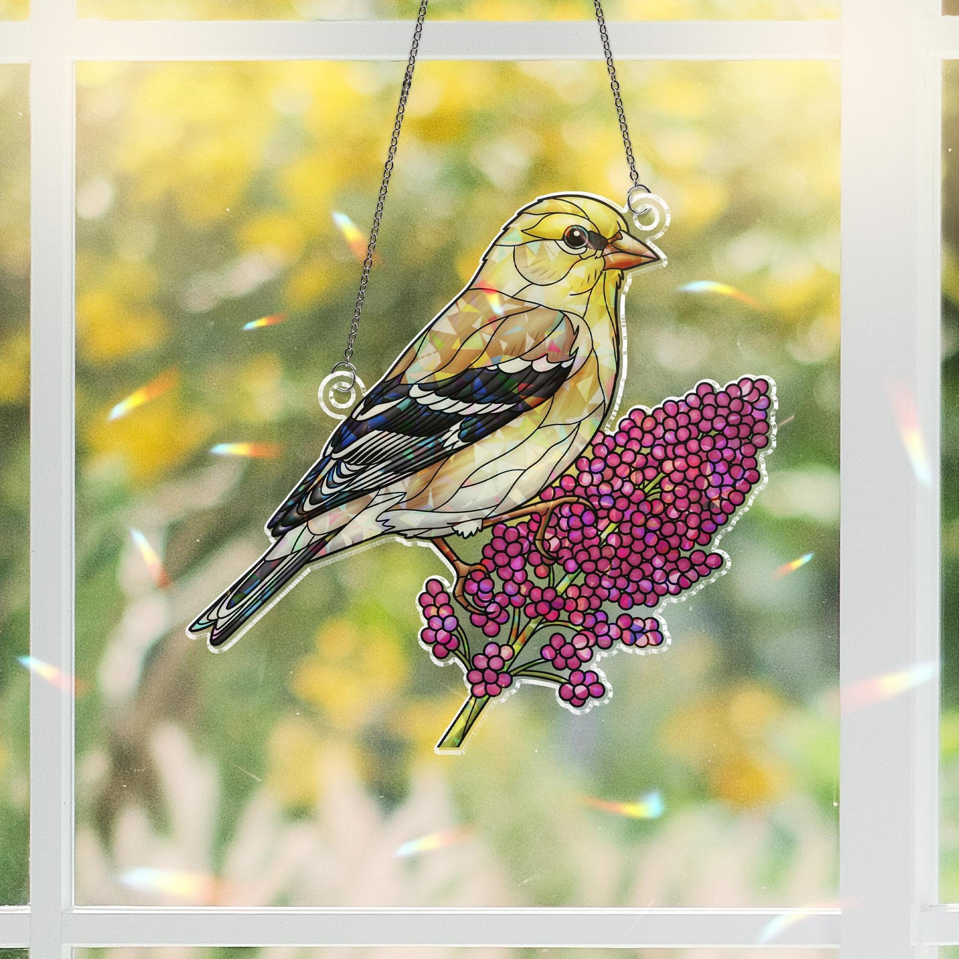 Goldfinch Holographic Window Hanging – Stained Glass Bird Suncatcher with Pink Flowers, Nature Lover Gift, Spring Window Decor