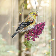 Goldfinch Holographic Window Hanging – Stained Glass Bird Suncatcher with Pink Flowers, Nature Lover Gift, Spring Window Decor