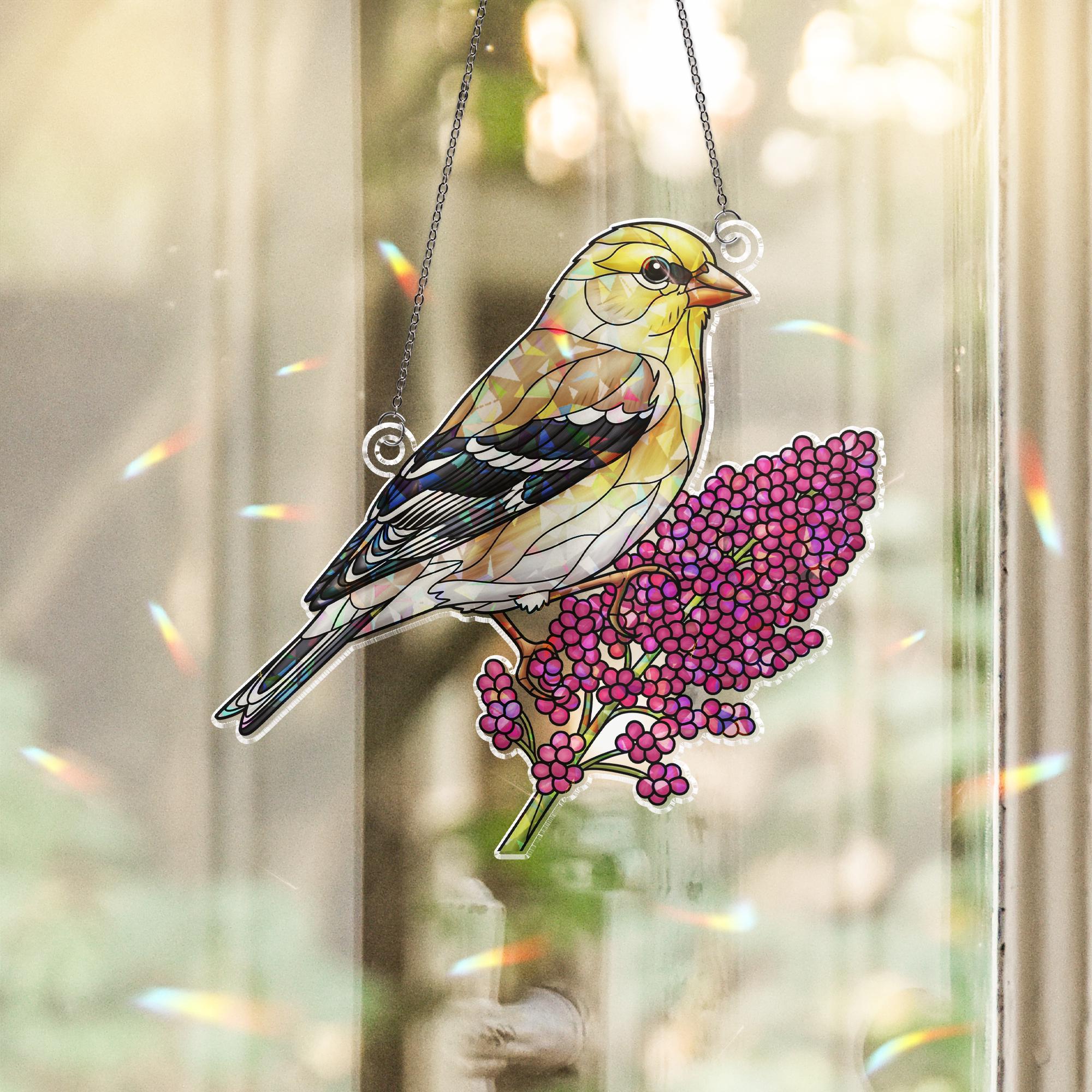 Goldfinch Holographic Window Hanging – Stained Glass Bird Suncatcher with Pink Flowers, Nature Lover Gift, Spring Window Decor