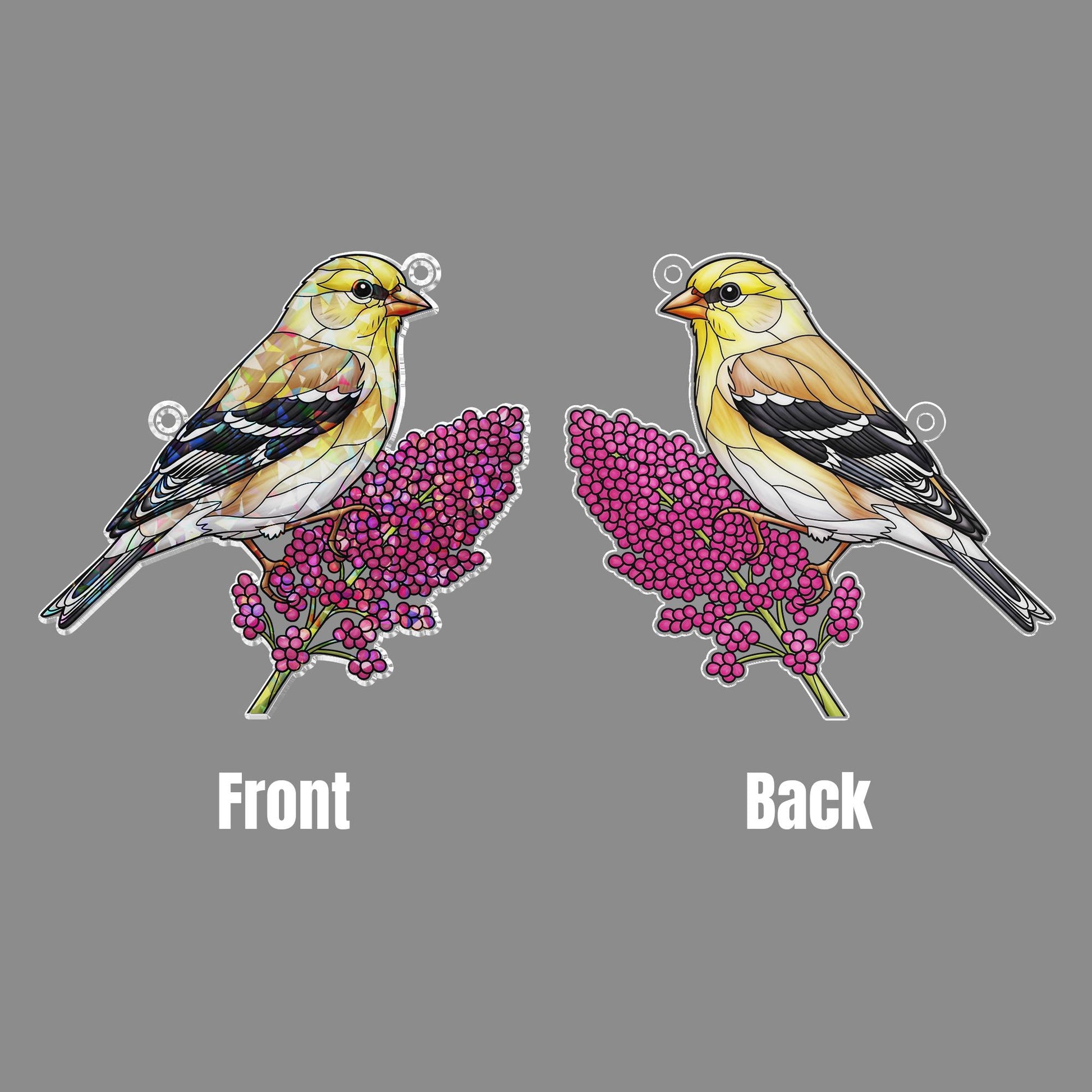 Goldfinch Holographic Window Hanging – Stained Glass Bird Suncatcher with Pink Flowers, Nature Lover Gift, Spring Window Decor