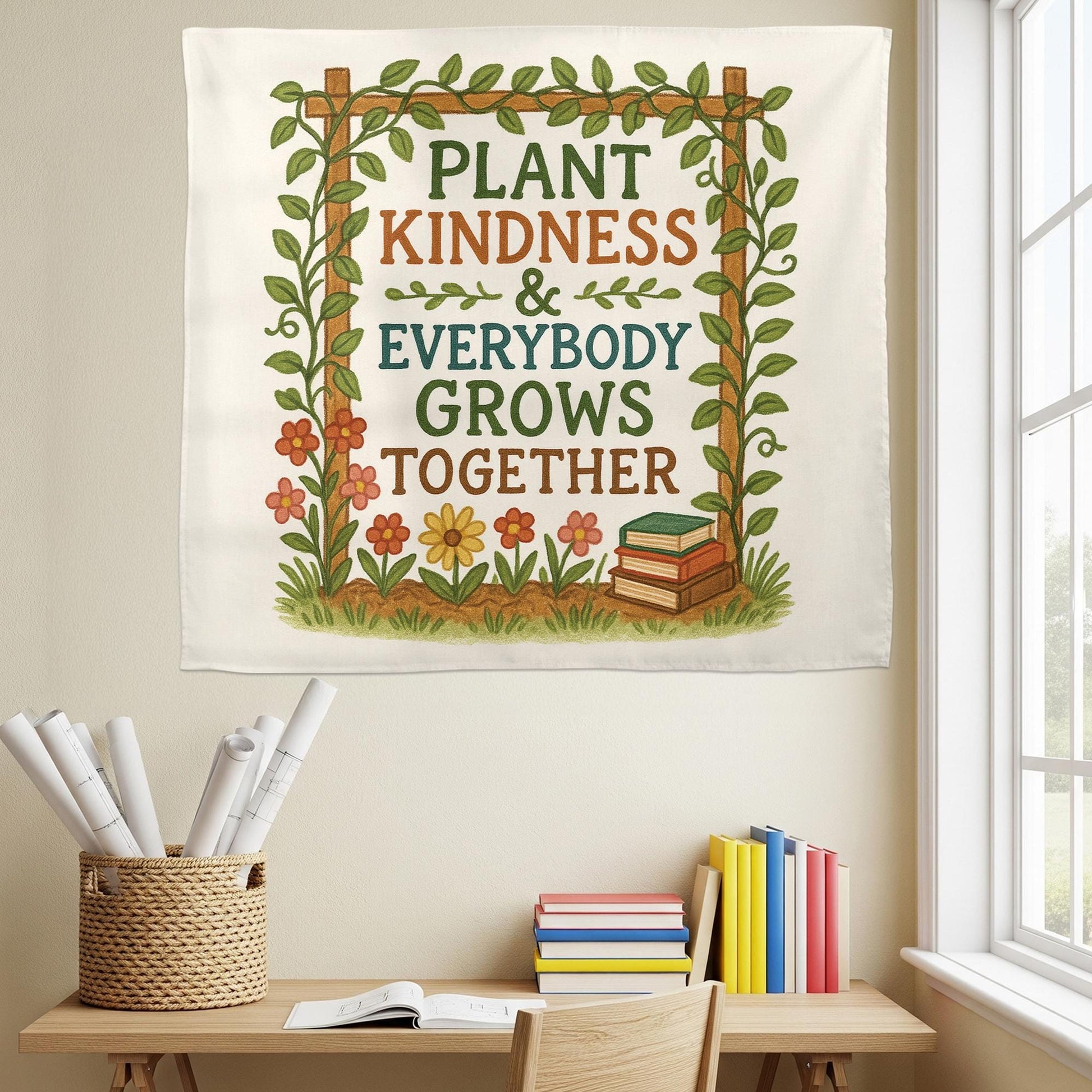 Plant Kindness Classroom Banner – Inspirational Teacher Wall Decor, Growth Mindset Poster with Flowers and Books for School or Office