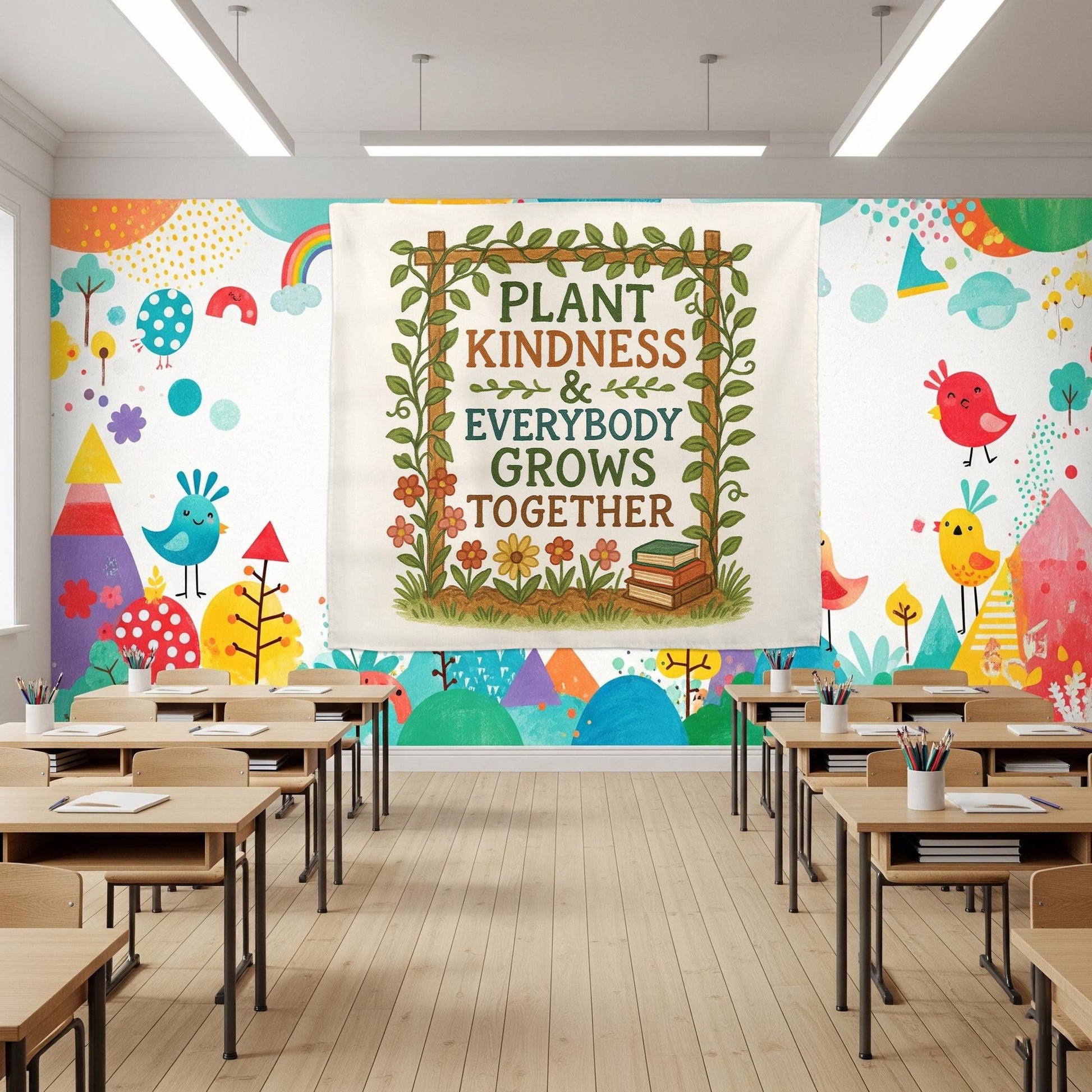 Plant Kindness Classroom Banner – Inspirational Teacher Wall Decor, Growth Mindset Poster with Flowers and Books for School or Office