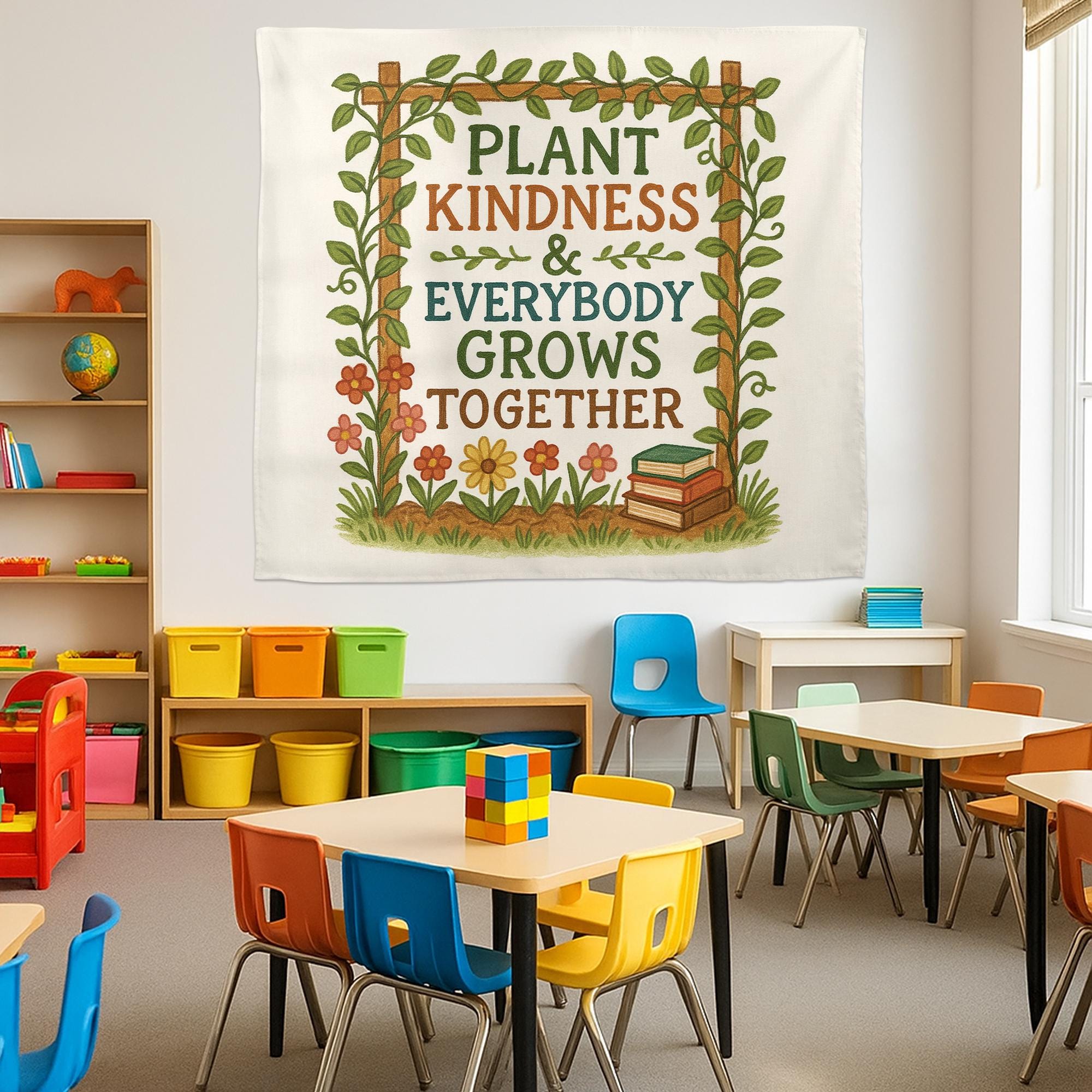 Plant Kindness Classroom Banner – Inspirational Teacher Wall Decor, Growth Mindset Poster with Flowers and Books for School or Office