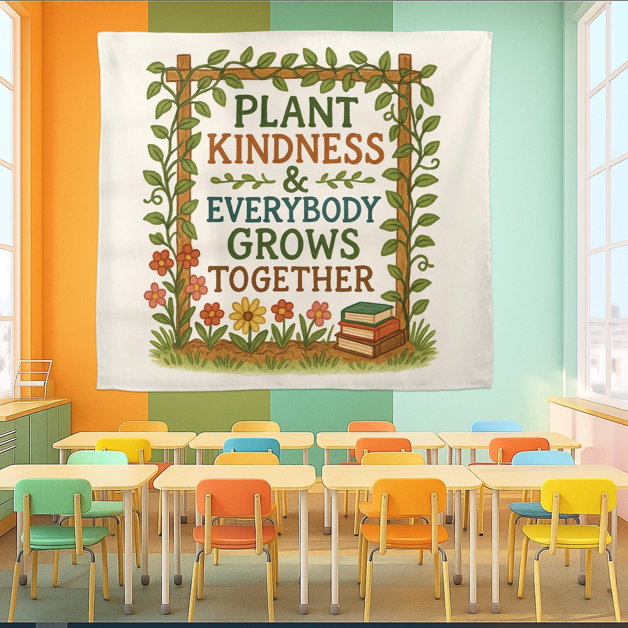 Plant Kindness Classroom Banner – Inspirational Teacher Wall Decor, Growth Mindset Poster with Flowers and Books for School or Office