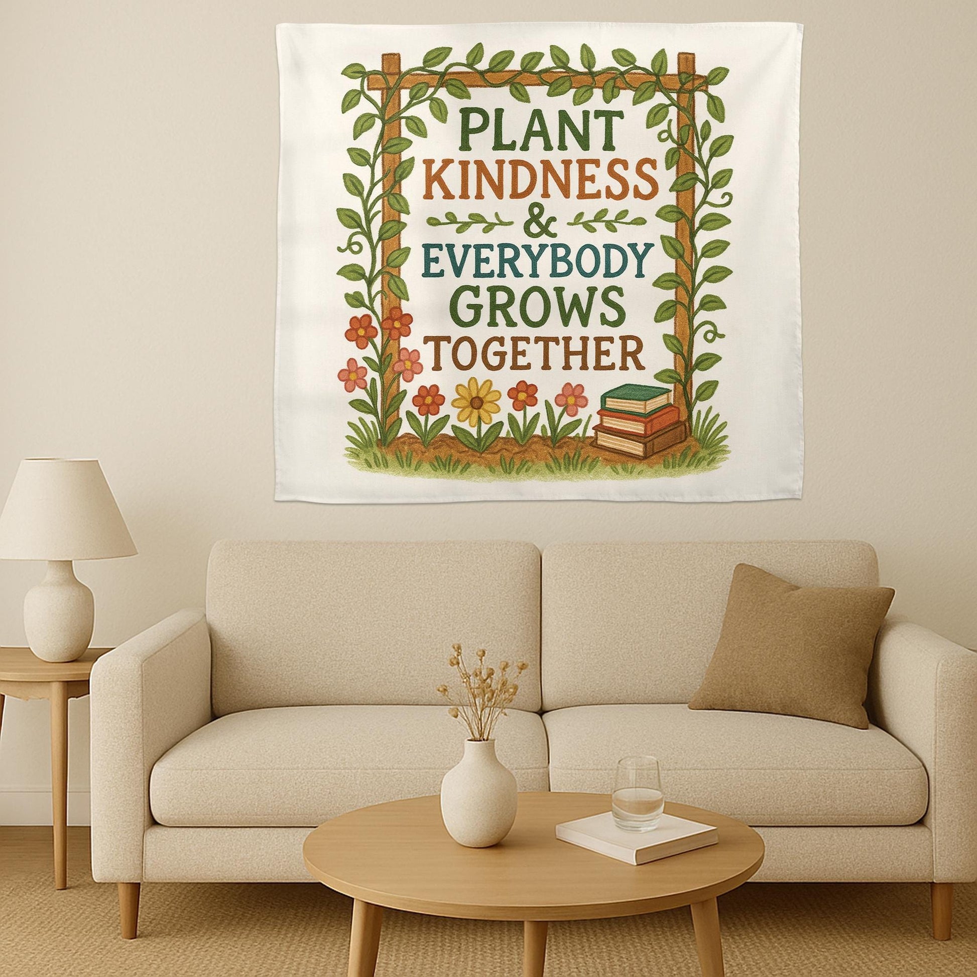 Plant Kindness Classroom Banner – Inspirational Teacher Wall Decor, Growth Mindset Poster with Flowers and Books for School or Office